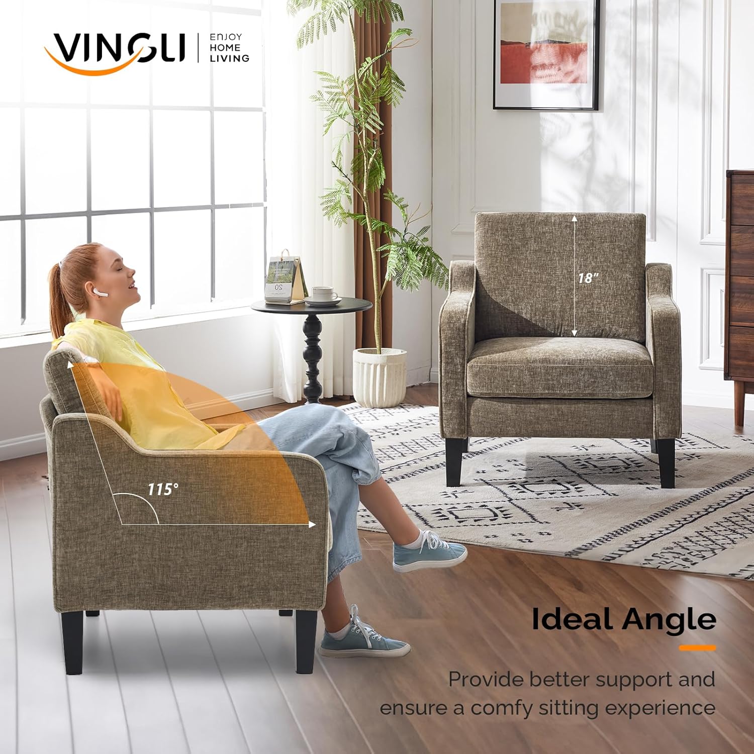 Thumbnail 4 de VINGLI Accent Chair for Living Room – Light Brown Upholstered Mid-Century Modern Reading Chair