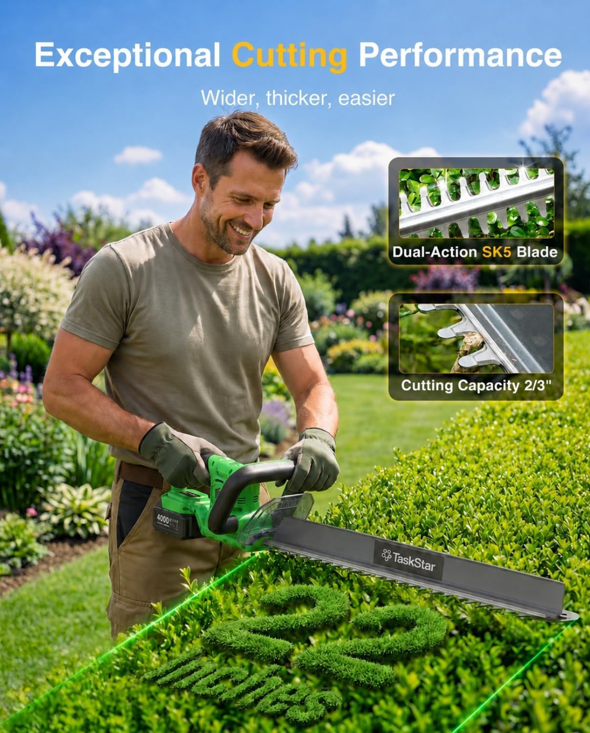 Detalle de TaskStar 22-Inch Cordless Hedge Trimmer with Debris Remover, SK5 Blades