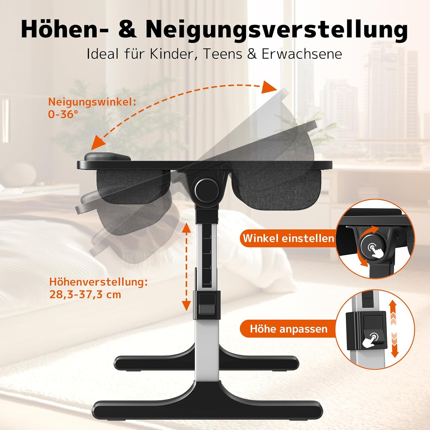 Detalle 2 de PUTORSEN Laptoptisch fürs Bett – höhen- & winkelverstellbar, klappbar (58 x 37 cm, schwarz)
