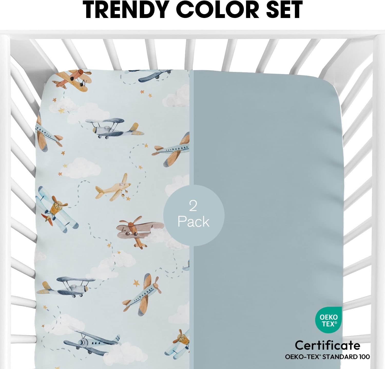 Detalle 1 de Little Grape Land CS2501171 Crib Sheets, 2-Pack, Planes Microfiber, 52 x 28 in