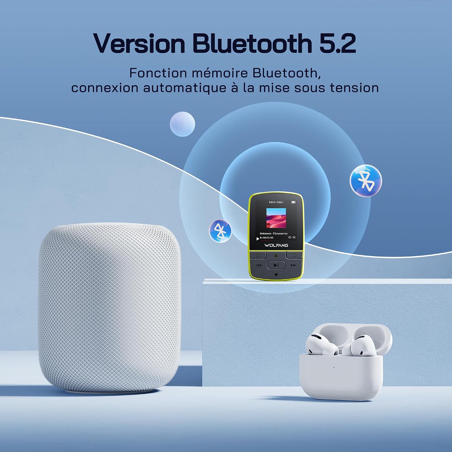Detalle de WOLFANG Lecteurs MP3 avec Bluetooth 5.2, Clip Sport — Mini, 28 g, FM HiFi, Écouteurs Inclus