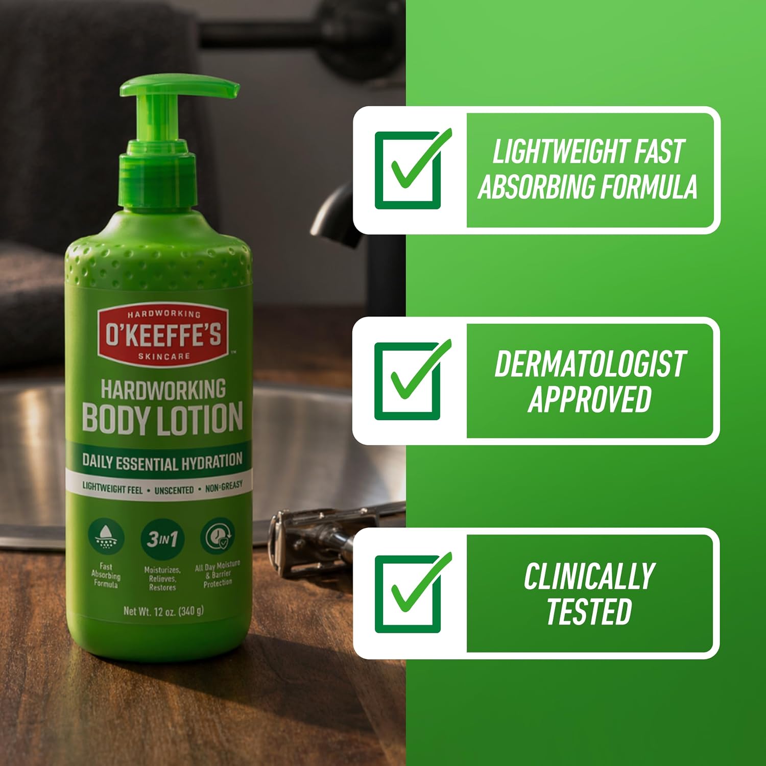Detalle de O’Keeffe’s Hardworking Body Lotion: Daily Hydration for Dry Skin, 12 oz Pump