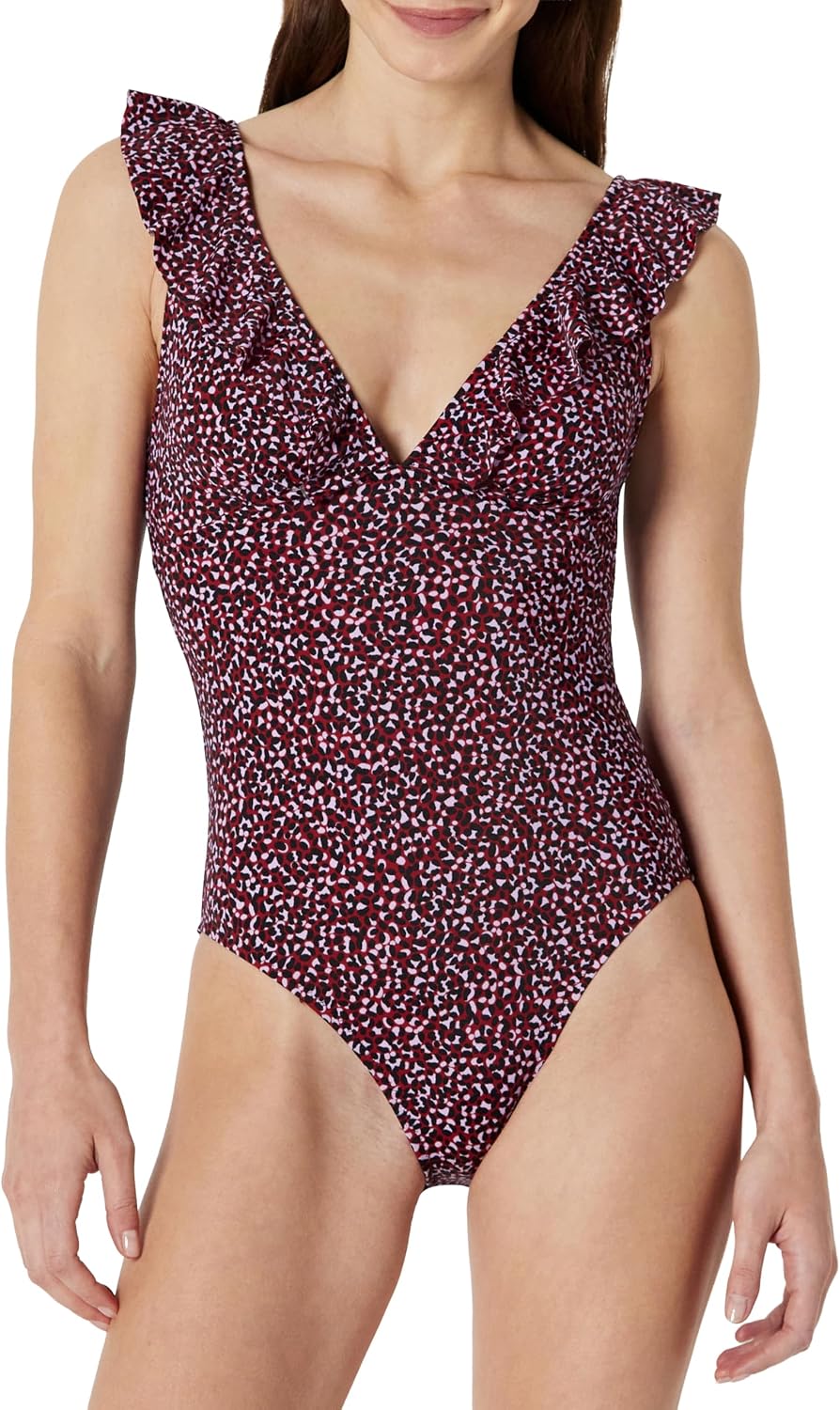Detalle de Amazon Essentials women’s ruffle v-neck one-piece swimsuit with removable cups
