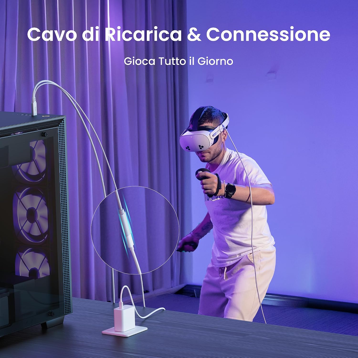 Detalle 2 de KIWI design Cavo Link con ricarica 5 m, USB 3.0 a USB-C fino a 5 Gbps per Meta Quest 3/3s/2 e Pico 4