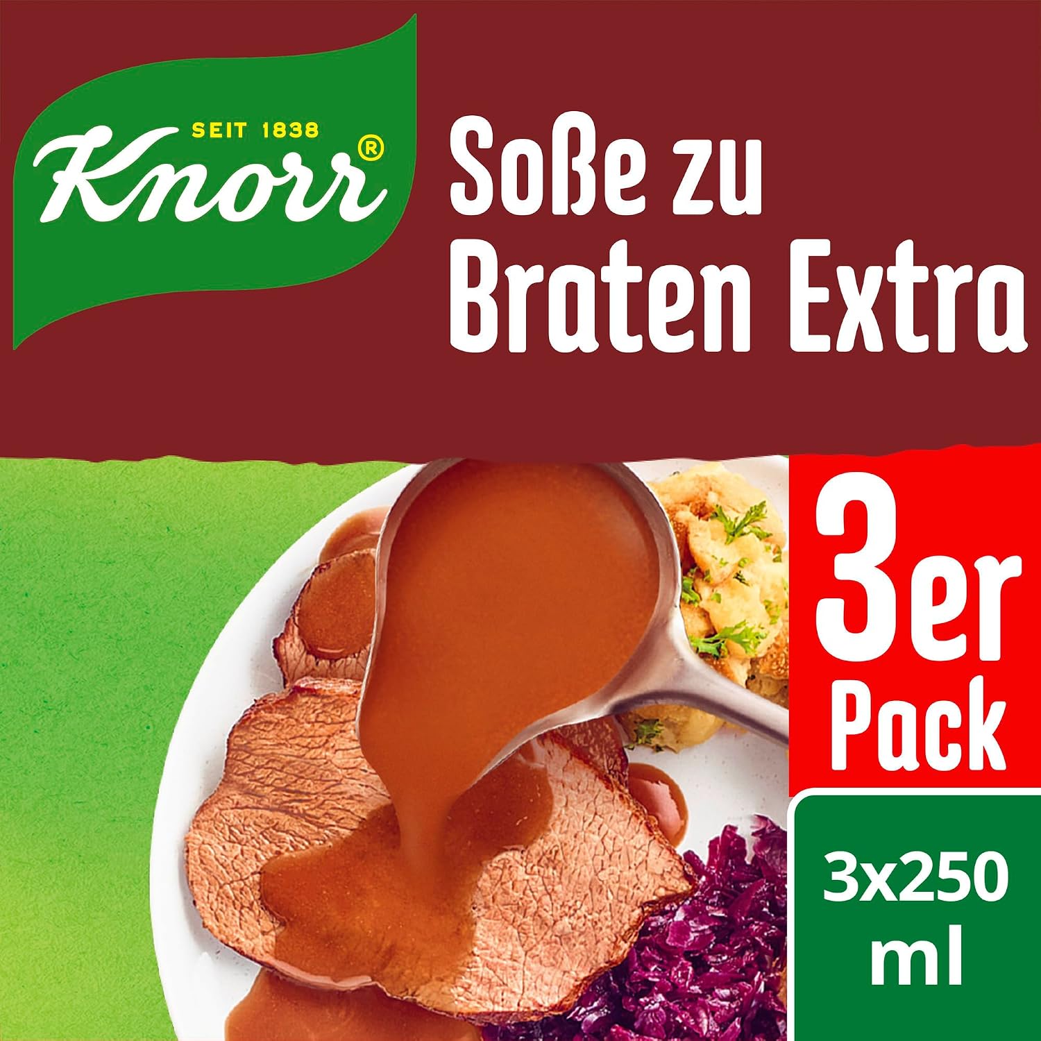 Detalle 2 de Knorr Soße zu Braten Extra – dunkle Bratensoße mit würzigem Geschmack, 750 ml pro Packung (3er Pack)