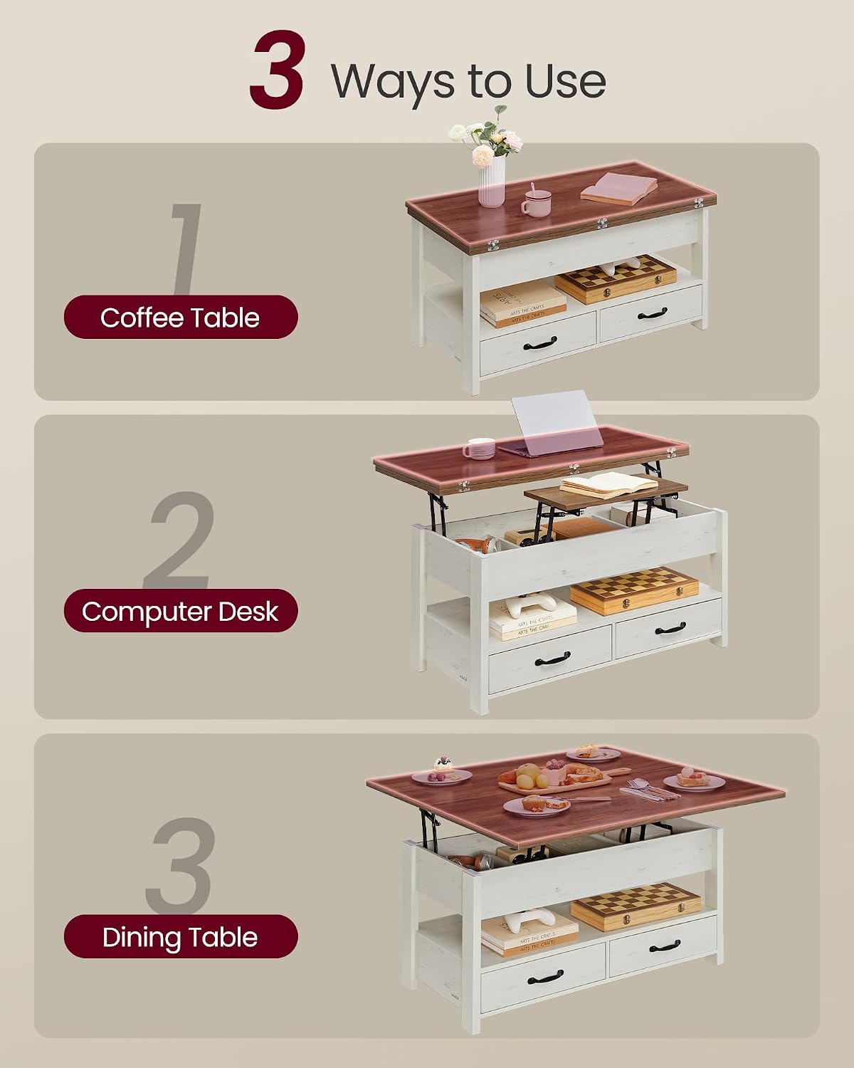 Detalle 2 de VASAGLE LCT254W01 Lift-Top Coffee Table, Height-Adjustable, with 2 Drawers