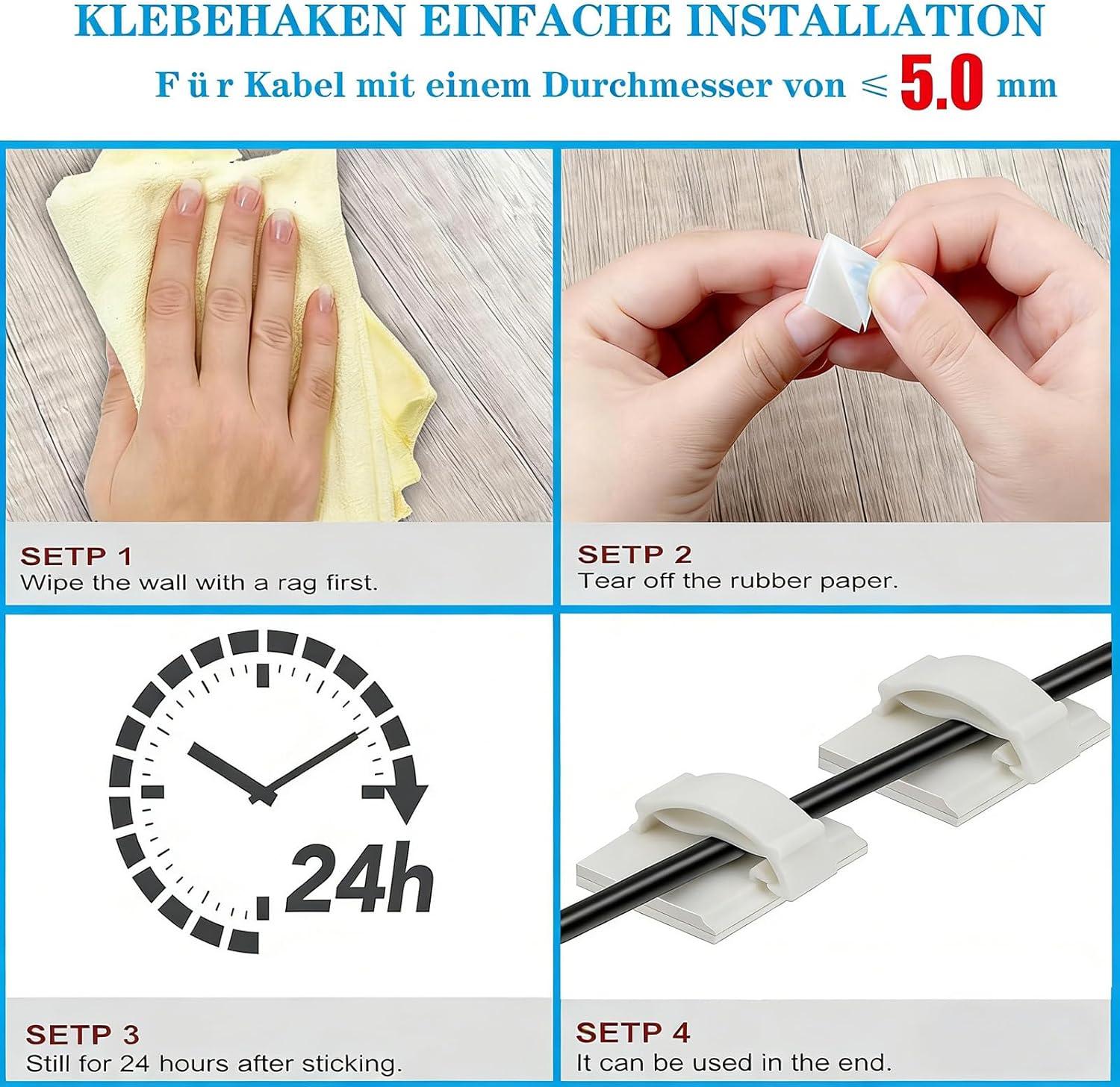 Detalle de KLJ Attache Cable Adhesif 100Pcs Blanc Petit Format – Fixation sans perçage pour câbles 0–5 mm