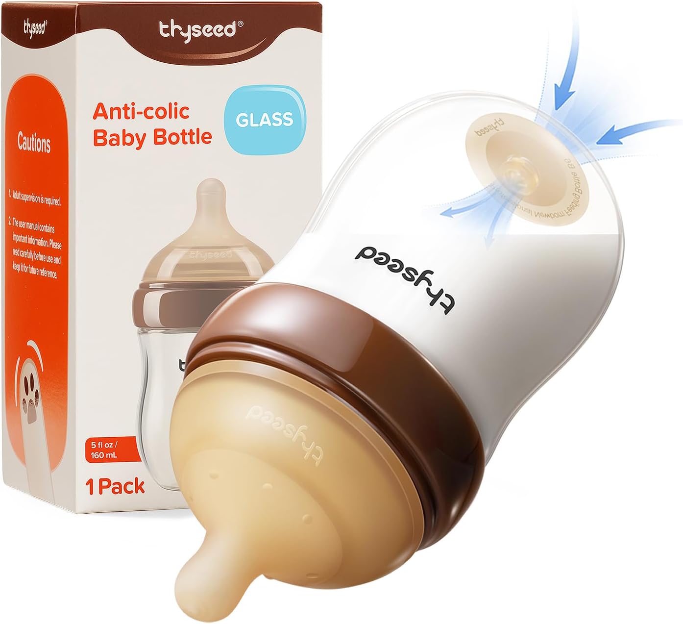 Detalle de thyseed Thyseed Glass 抗コリック哺乳瓶 5オンス 新生児用・通気孔付き乳首