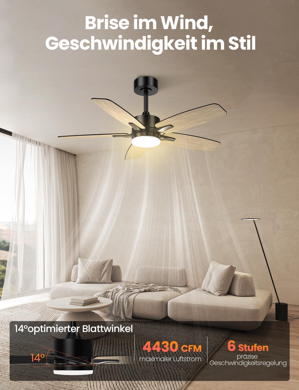 Thumbnail 1 de Mefine Deckenventilator mit Beleuchtung und Fernbedienung – 106 cm, leise, 5 Holzflügel, schwarz