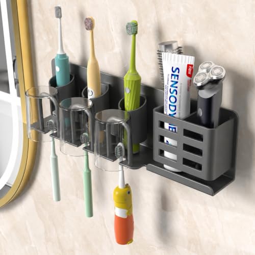 Detalle de KEXIBO Zahnbürstenhalter Wand Ohne Bohren – Aluminium, Klebehalterung für 3 Becher, Bad Organizer Grau