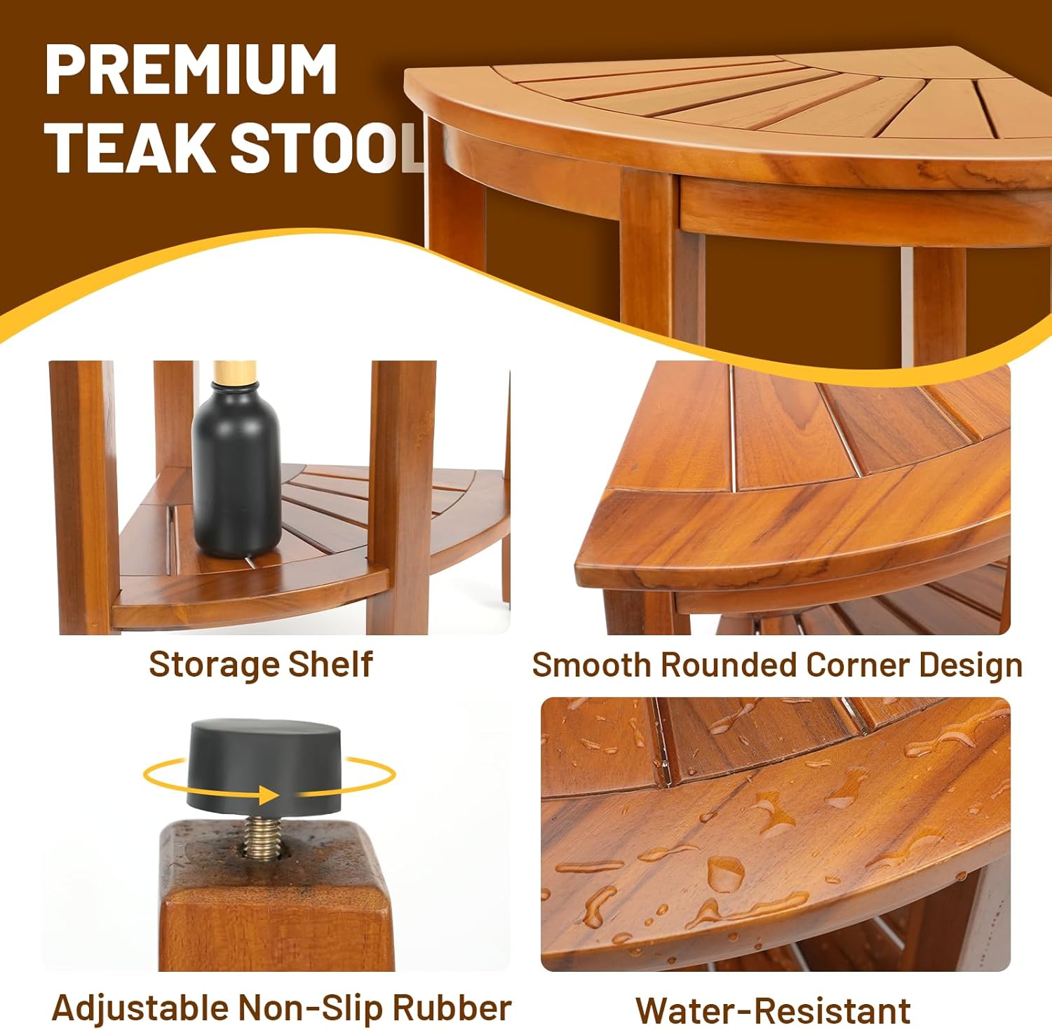 Detalle de MRTEAK 18" Premium Teak Corner Shower Bench with Shelf
