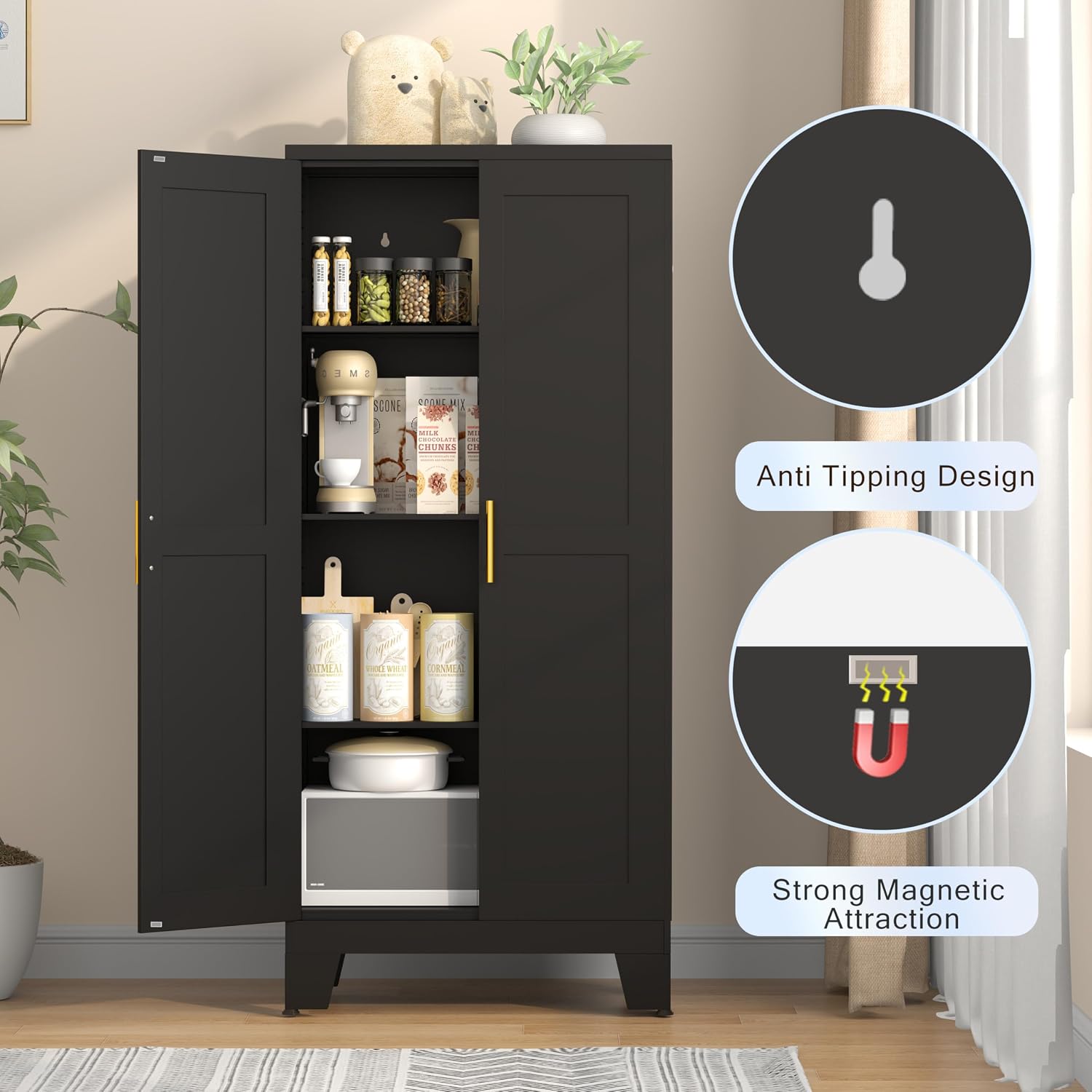 Detalle de GAIOUS 2D-Black Kitchen Pantry Cabinet, Black Metal with Adjustable Shelves