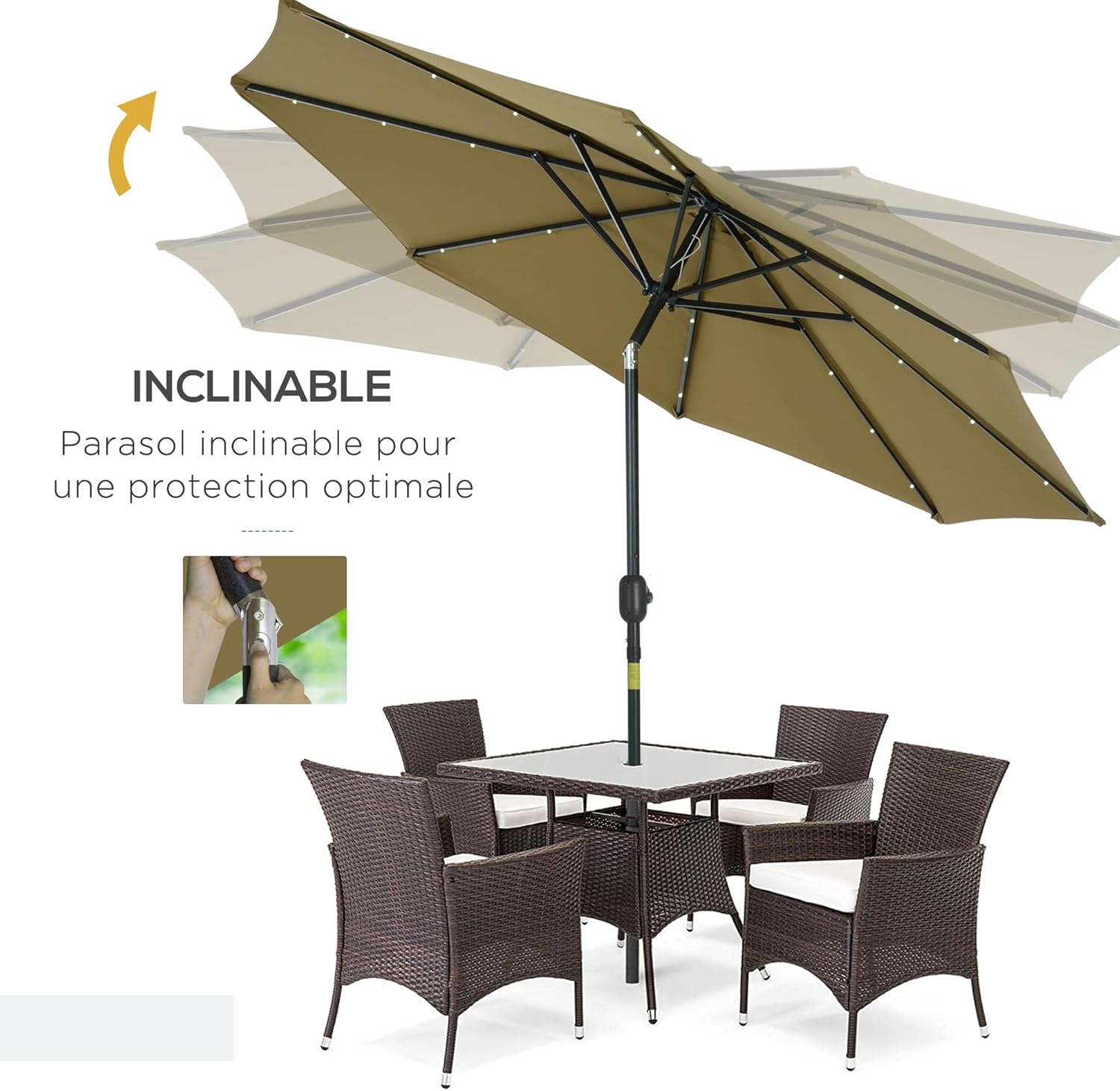 Thumbnail 4 de Parasol de jardin droit octogonal Outsunny, inclinable, lumineux solaire avec 24 LED (Ø 2,7 x 2,4 m)