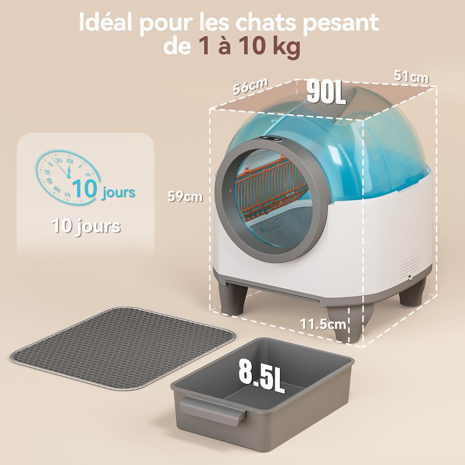 Detalle 2 de JUMMICO Litière Automatique Autonettoyante 90L pour Chats Multiples – XXL, Tapis, 6 Capteurs et Contrôle par App