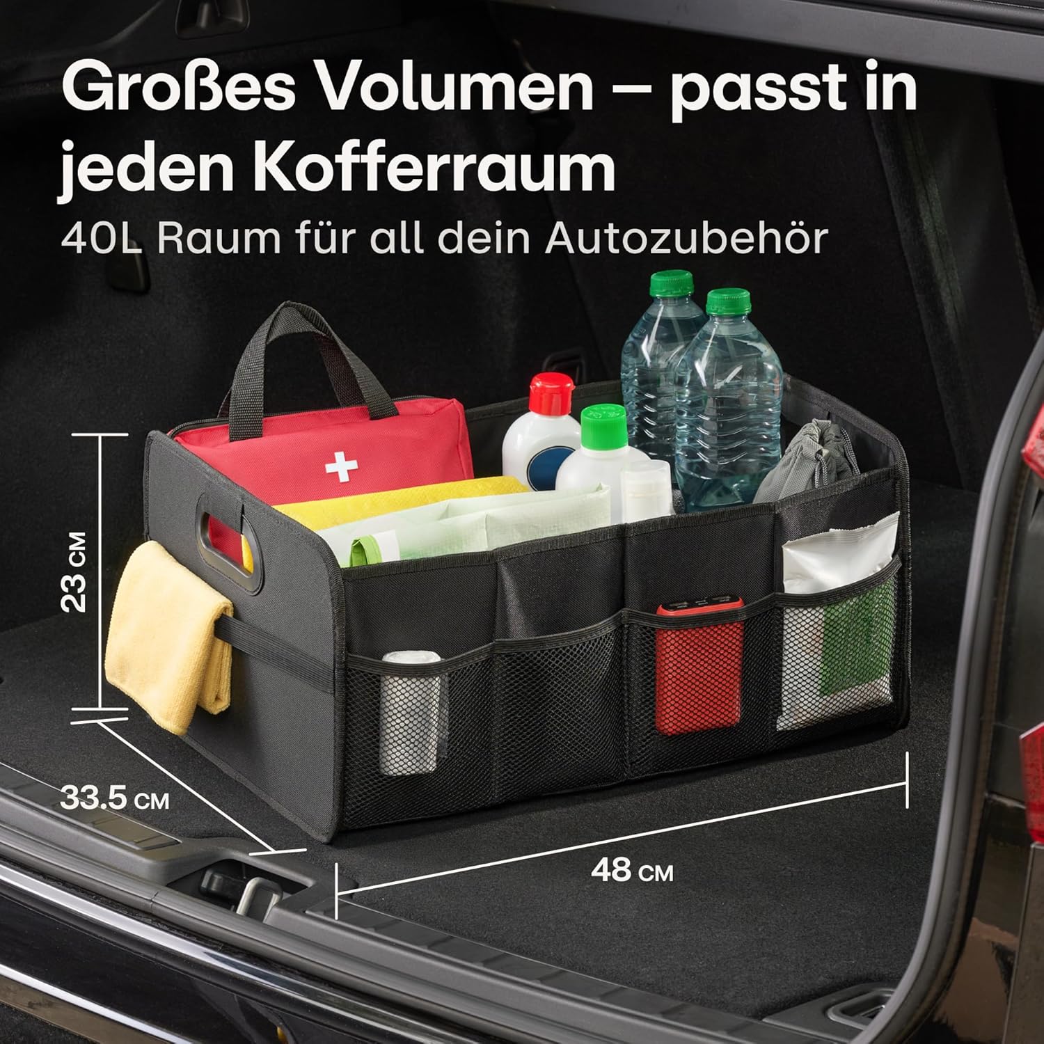 Detalle 2 de Praknu Kofferraum Organizer Faltbar XL – 3 flexible Fächer, 40 L, rutschfest und wasserabweisend