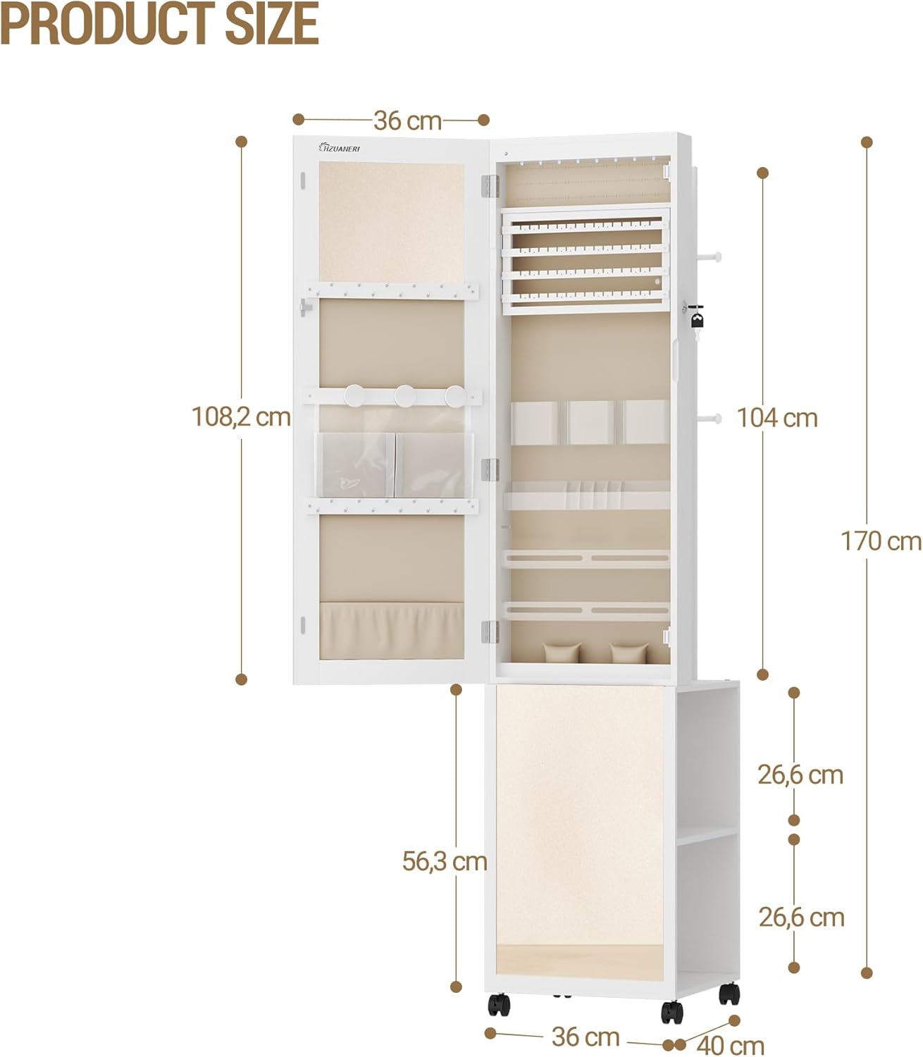 Thumbnail 2 de Hzuaneri Armoire à Bijoux 8 LEDs 175 cm – Organisateur sur Pied avec Miroir Verrouillable et Porte-Vêtements