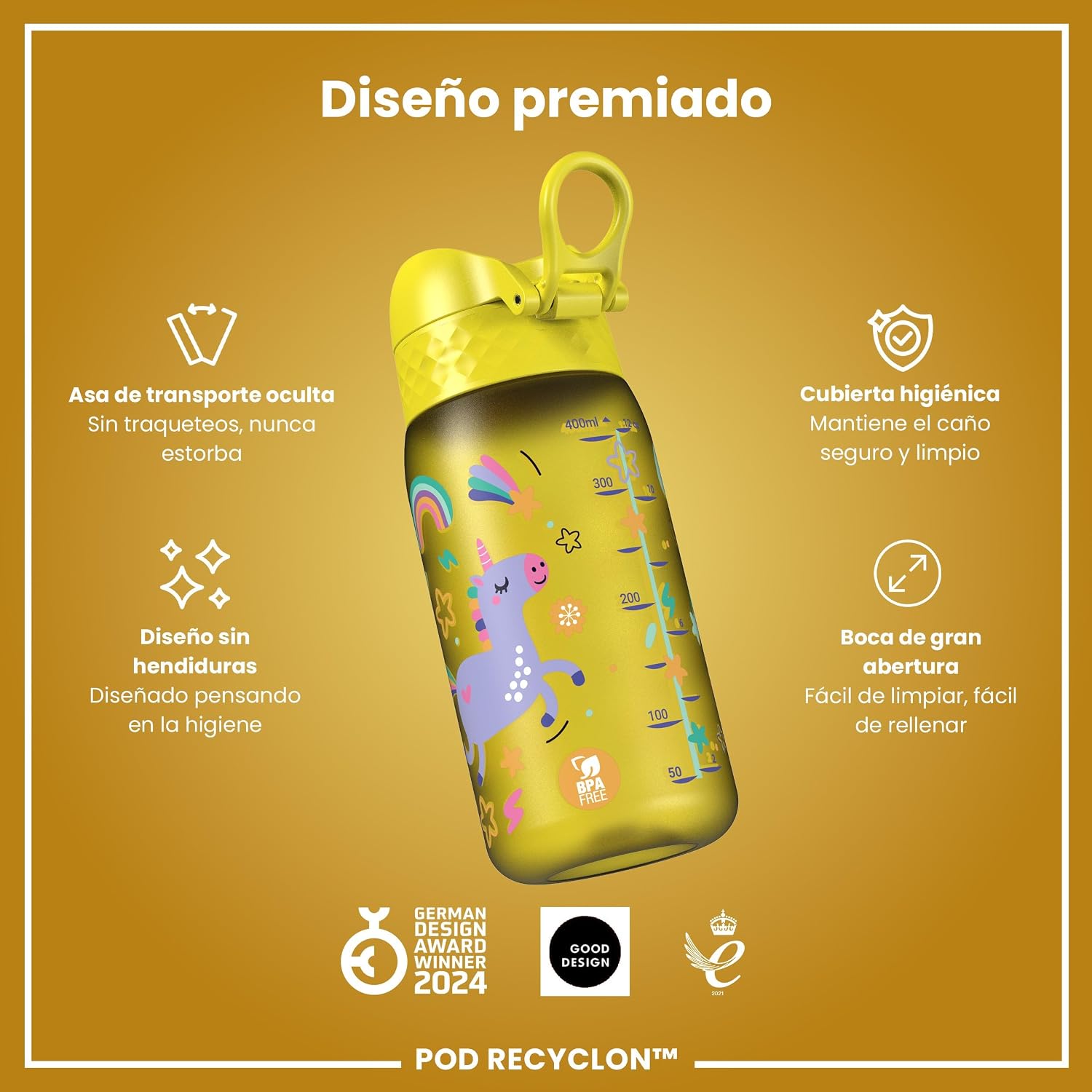 Thumbnail 5 de ion8 Botella de Agua para Niños 350ml Antigoteo Unicornios Amarillo 🦄
