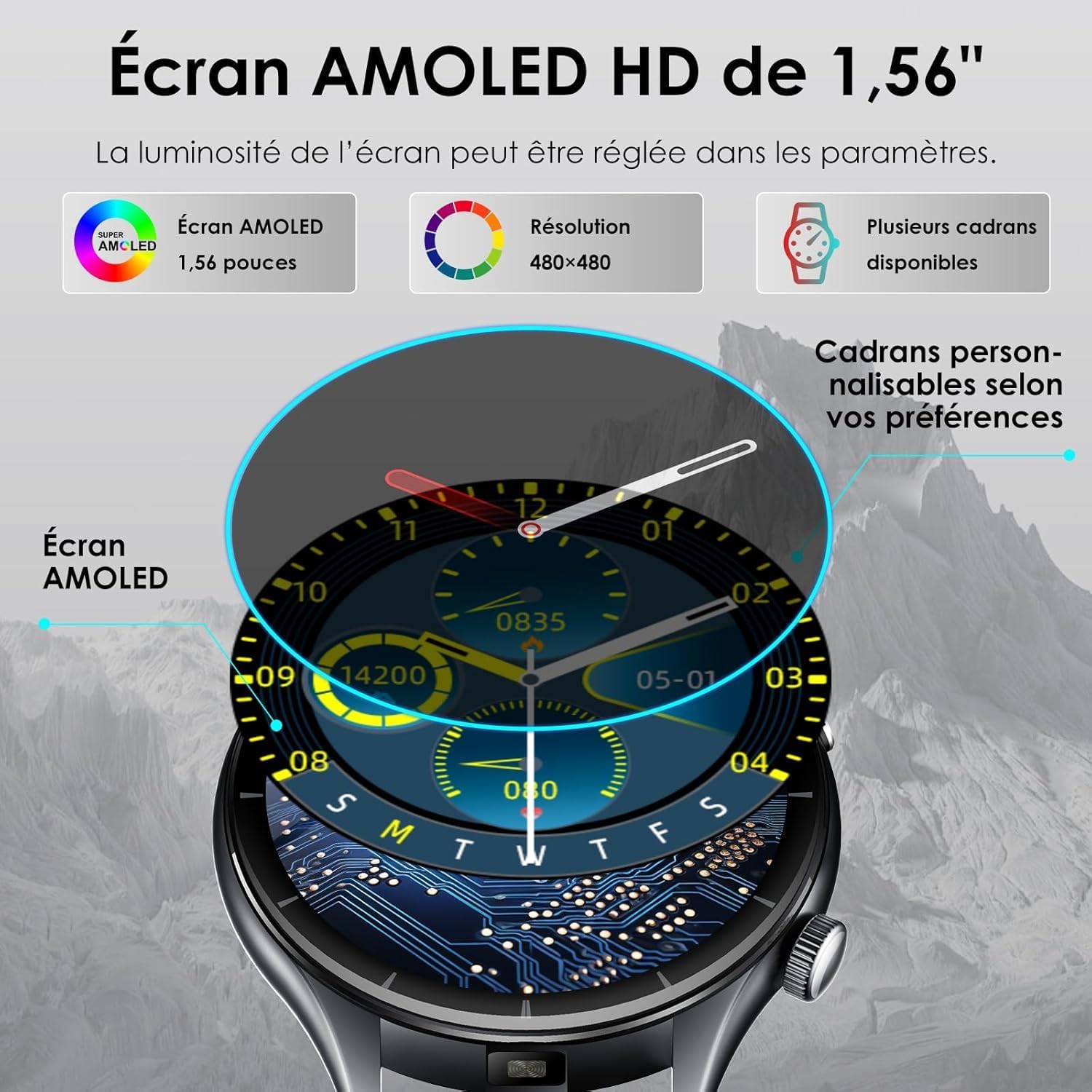 Thumbnail 1 de Montre Connectée Homme 2026 avec ECG, Pression artérielle et Suivi Santé – 1,56'' AMOLED, LED, Bluetooth SOS