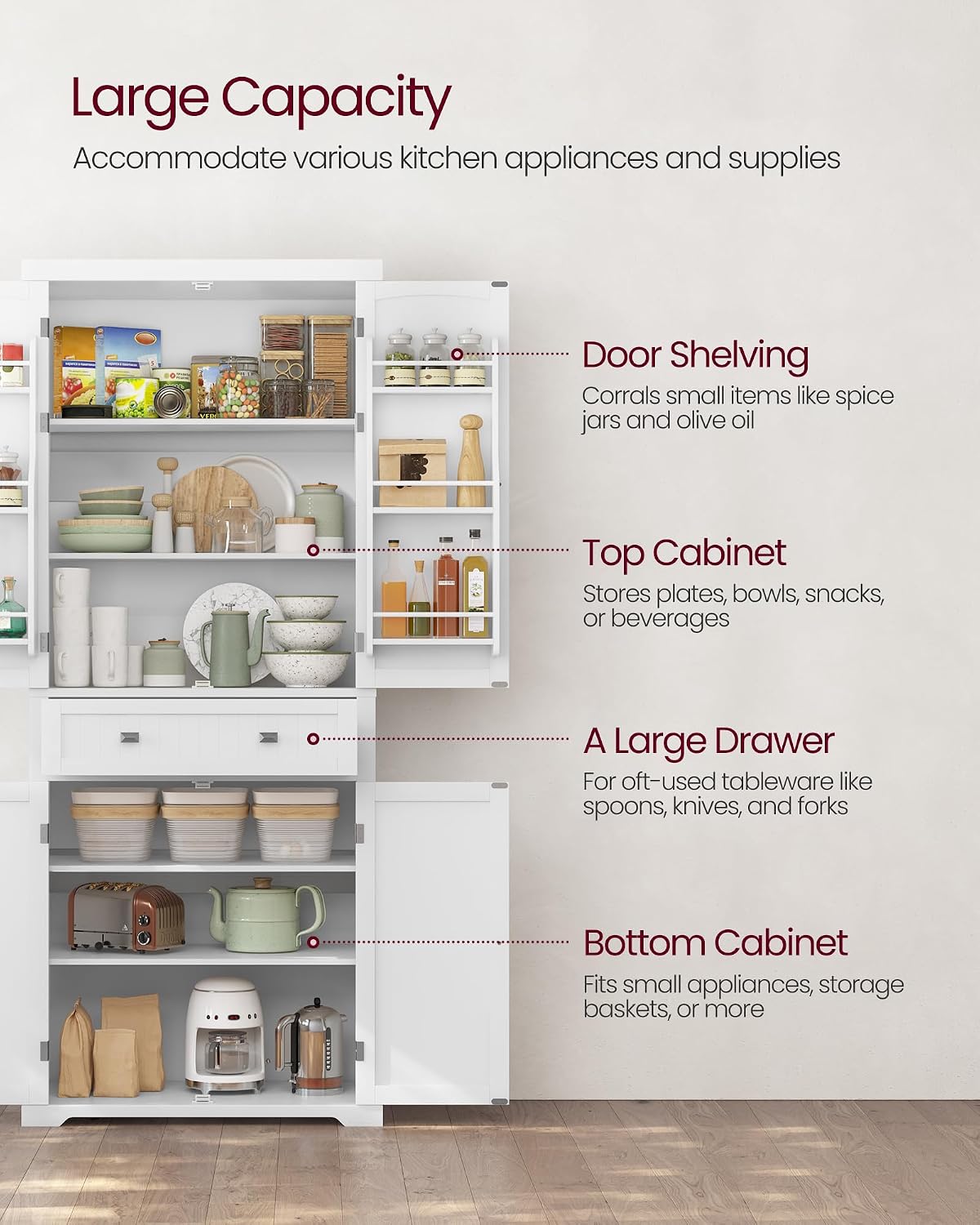 Detalle de VASAGLE BBC561W21 Tall Pantry Cupboard, White, Drawer and Adjustable Shelves