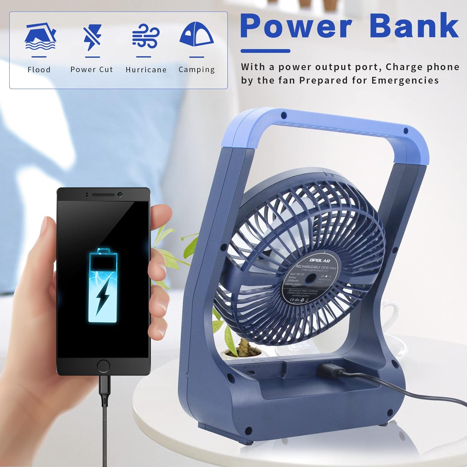 Thumbnail 4 de ATEngeus ventilateur de bureau USB 6" avec batterie 20000 mAh et tête réglable à 180°