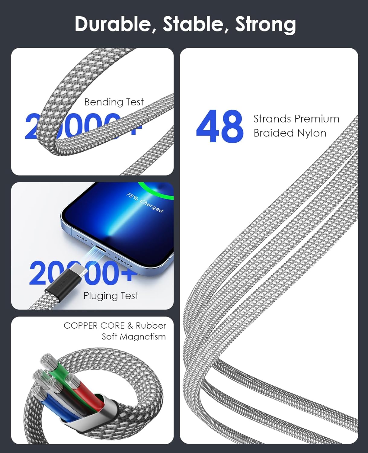 Thumbnail 5 de Magtame Magnetic USB-C Cable (Flat Coiled, 60W/3A, Retractable) – Fast Charging USB-C to USB-C, 3.3 ft, Silver
