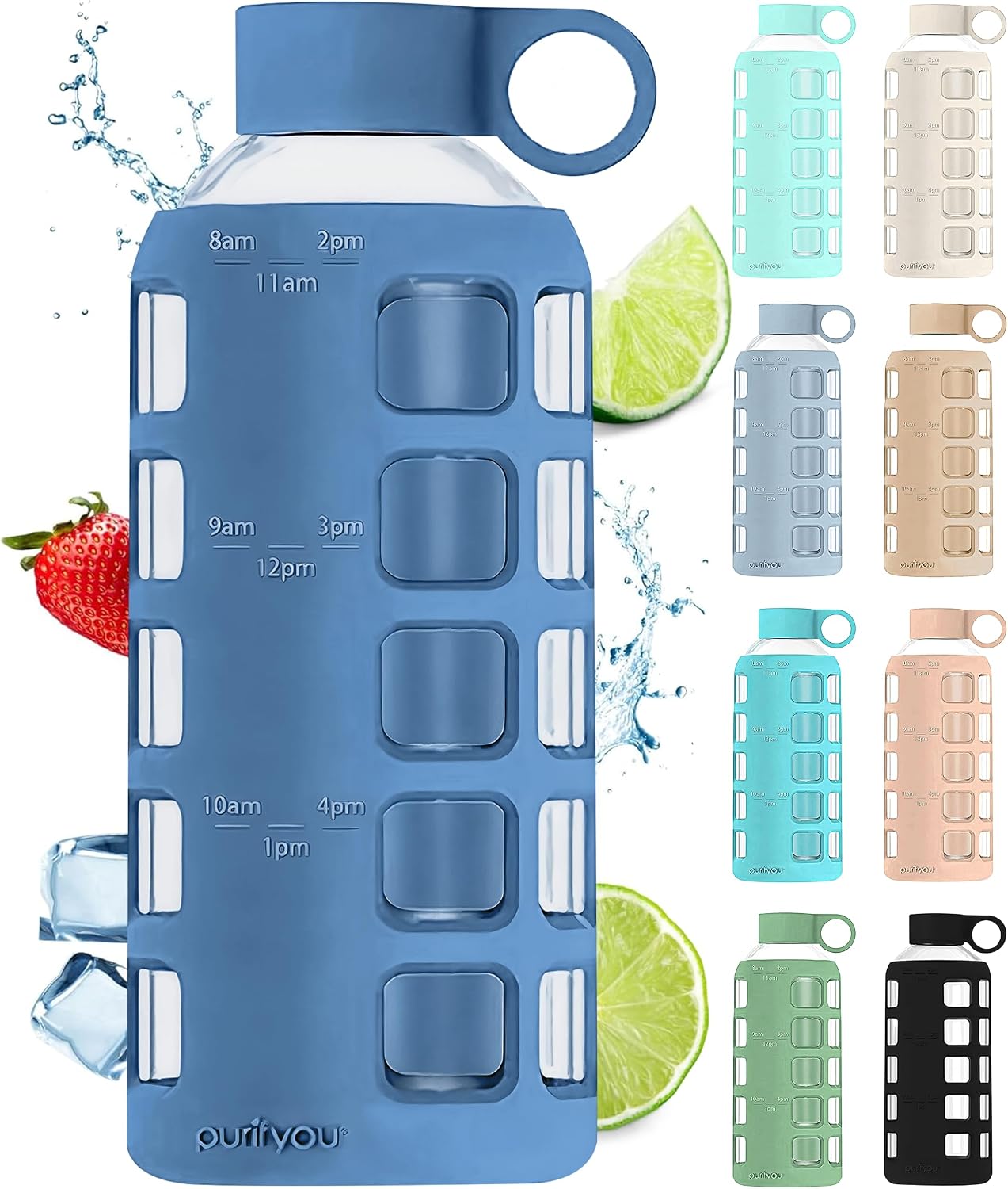 Detalle de purifyou PGWB-22CP 22 oz Borosilicate Glass Water Bottle with Time Markers