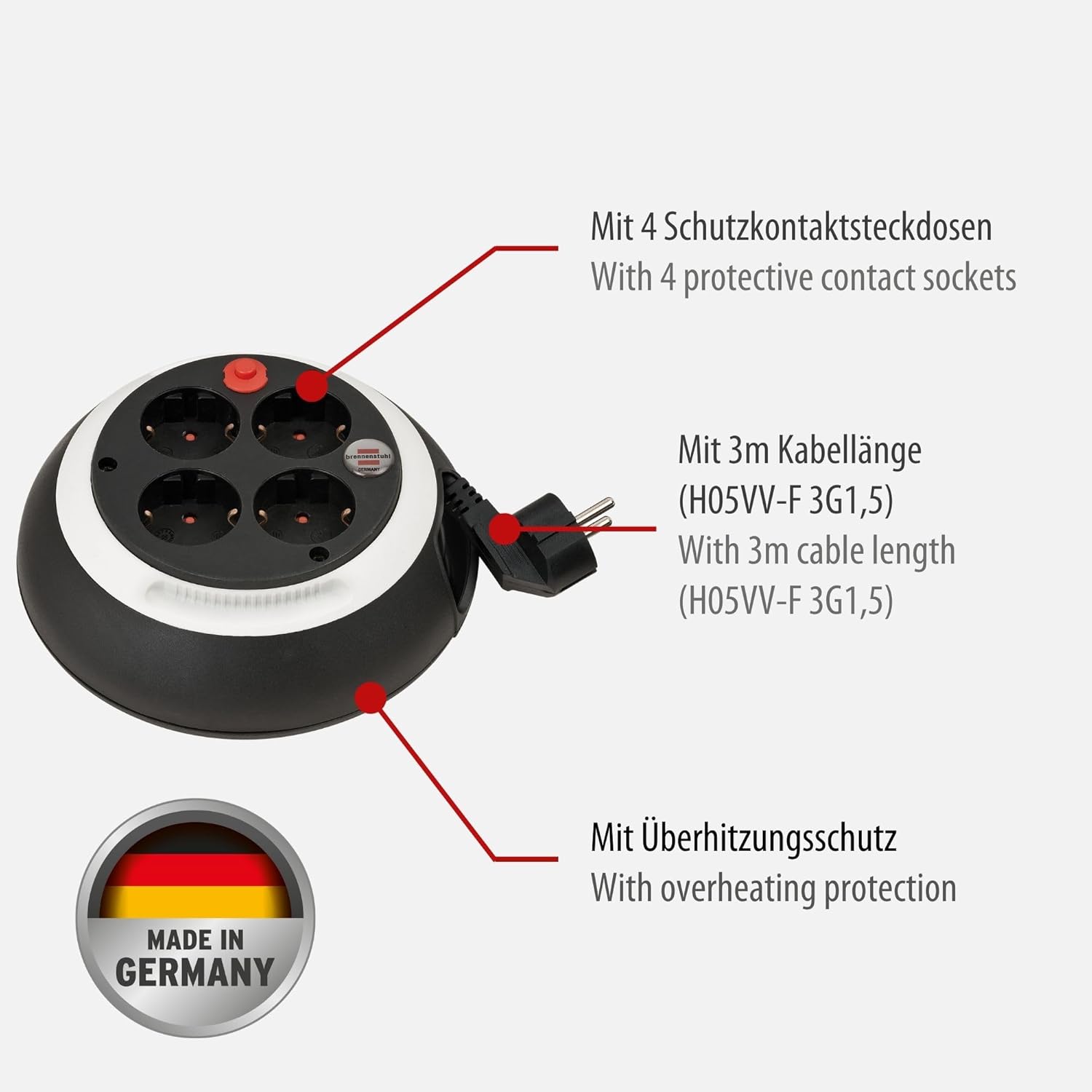 Detalle 2 de Brennenstuhl Comfort Line Kabelbox CL-S 4-fach/ Mini-Kabeltrommel schwarz/weiß – mit 3 m Kabel