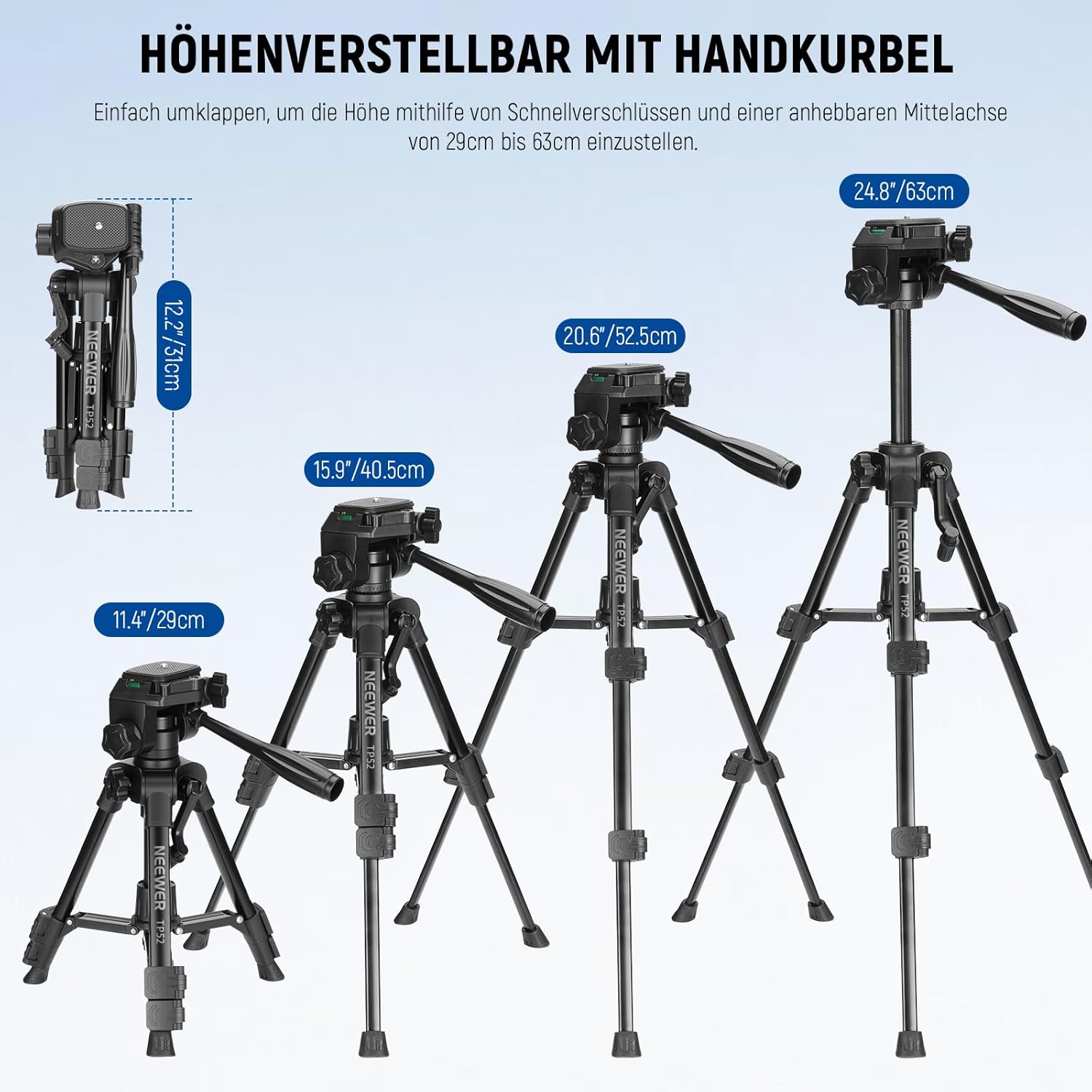 Detalle de NEEWER Entry Level Version Mini Tischstativ TP52 – kompakt, mit 3-Wege-Neigekopf und Smartphone-Halterung