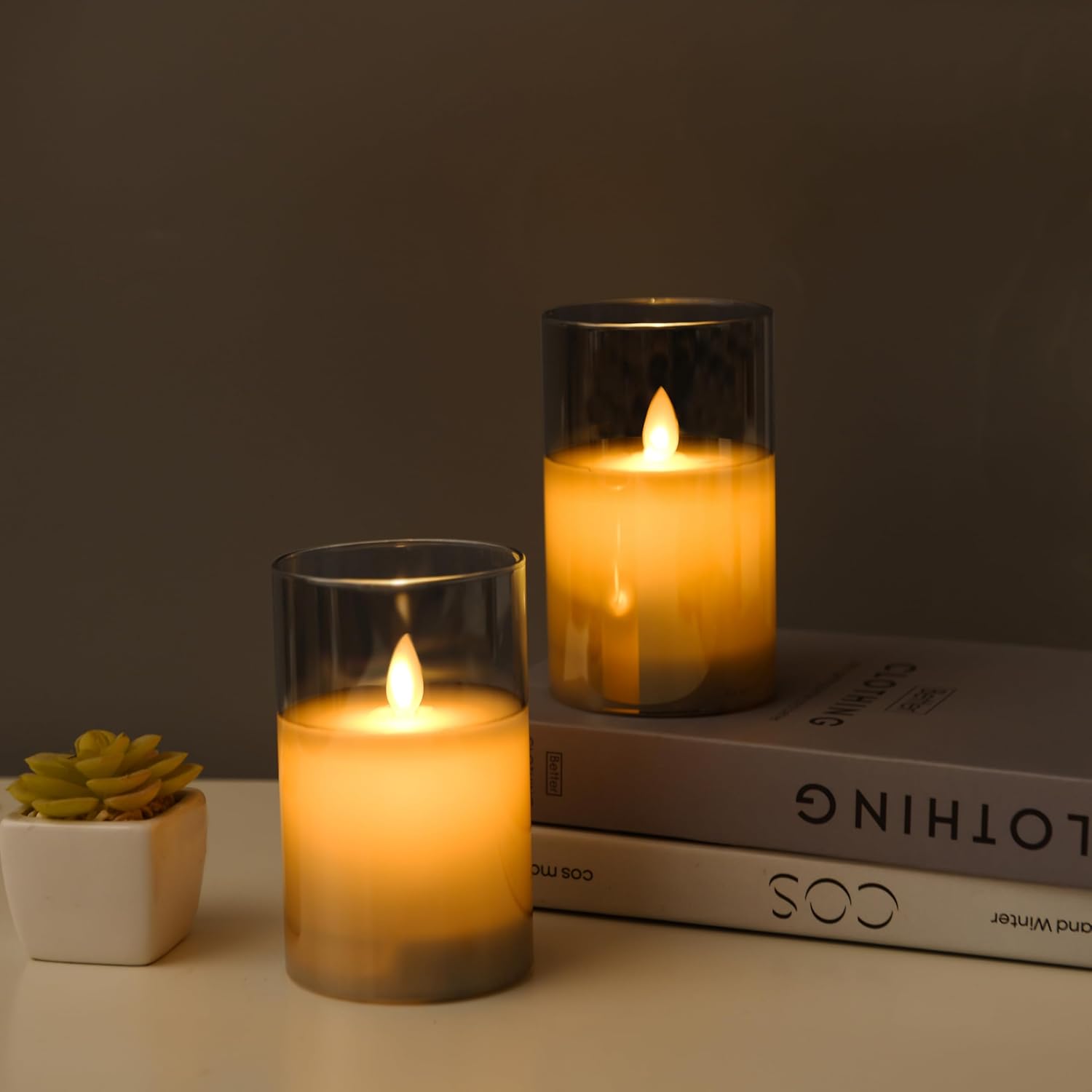 Thumbnail 4 de Lonkenn 2 pezzi Candele LED Ricaricabili con Telecomando e Timer – Fiamma Tremolante in Grigio Vetro, 10 cm