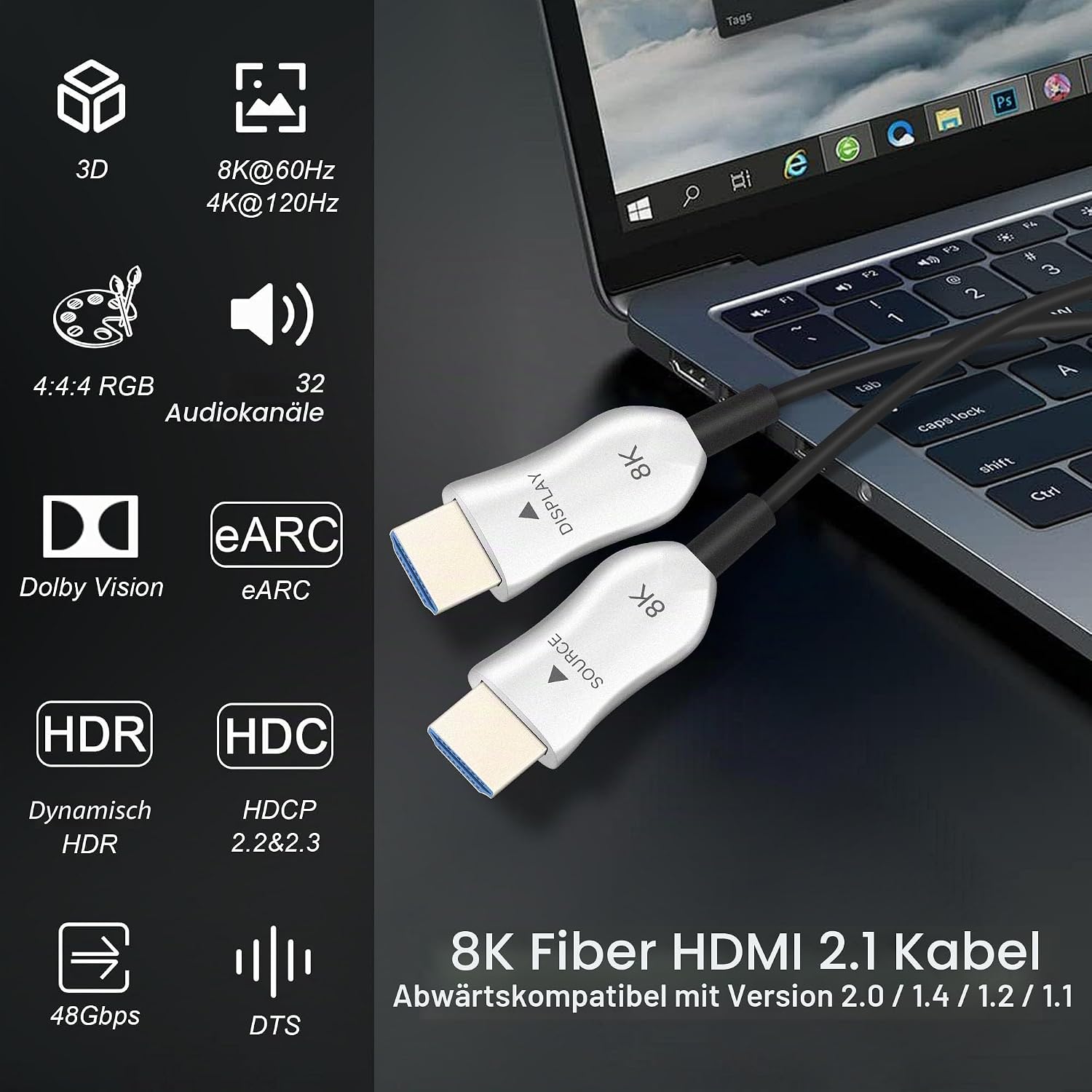 Detalle de 8K HDMI 2.1 Glasfaser Kabel 5 m – Ultra High Speed, aktives Kabel mit 48 Gbps