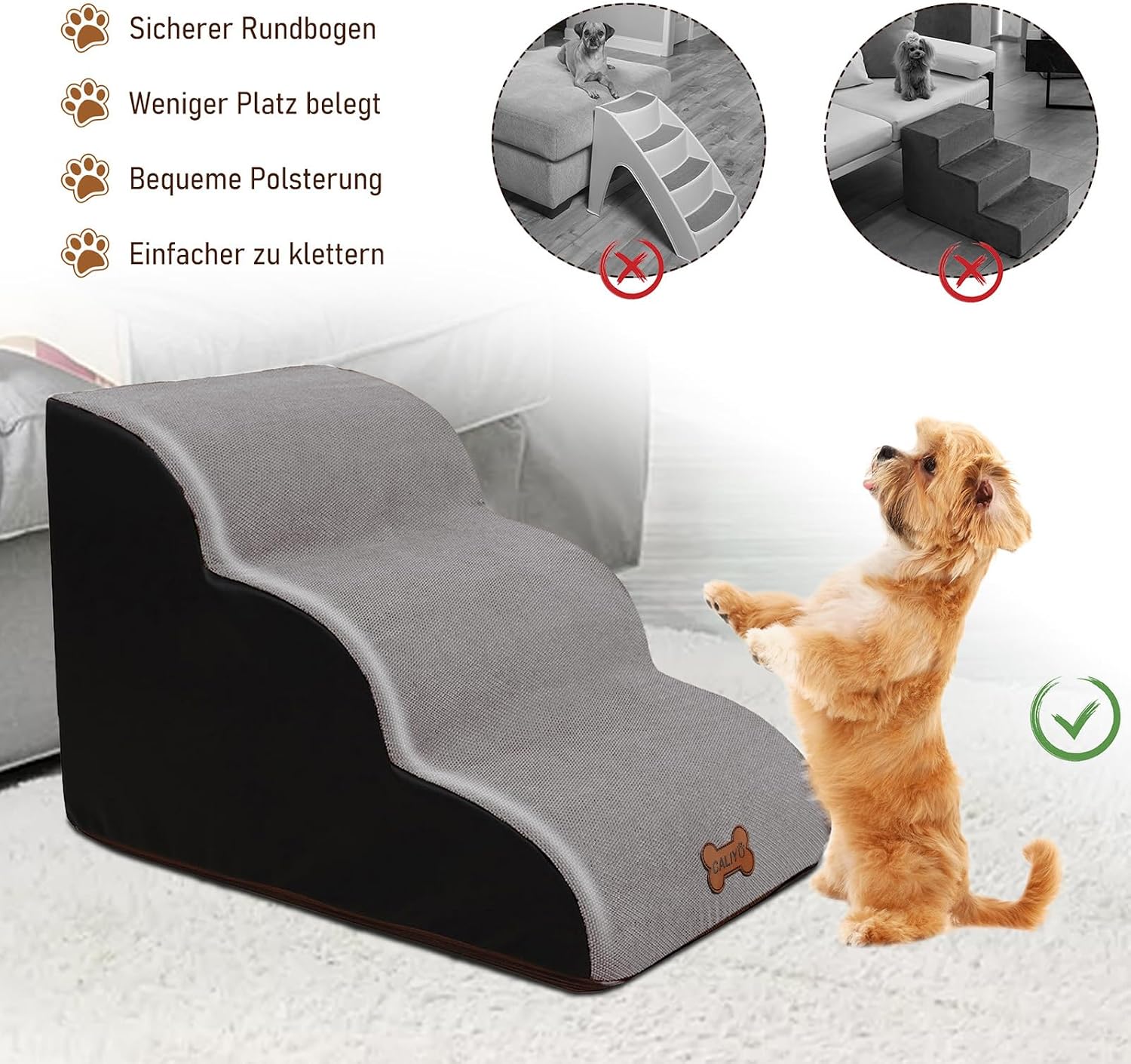 Detalle de CALIYO Hundetreppe 3 Stufen – rutschfeste, waschbare Haustiertreppe für kleine Hunde und Katzen (60×40×40 cm)