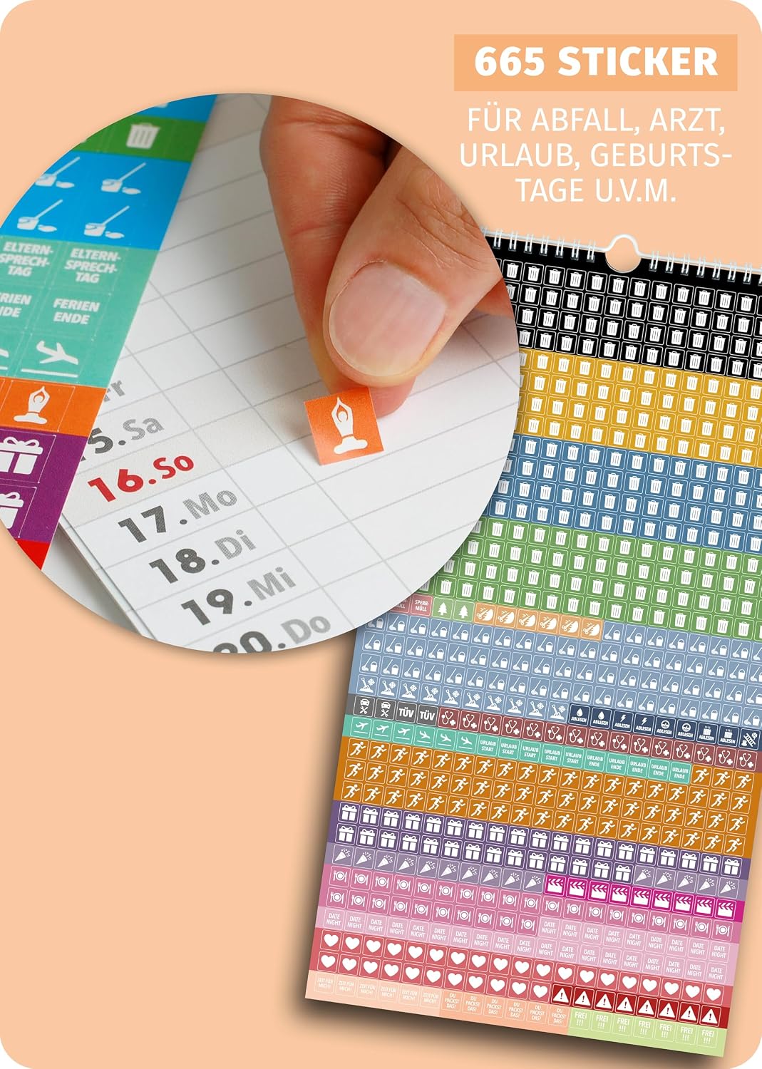 Detalle de Spielefabrik Familienkalender 2027 – Fünf Spalten WEISHEITEN, 23 × 43 cm
