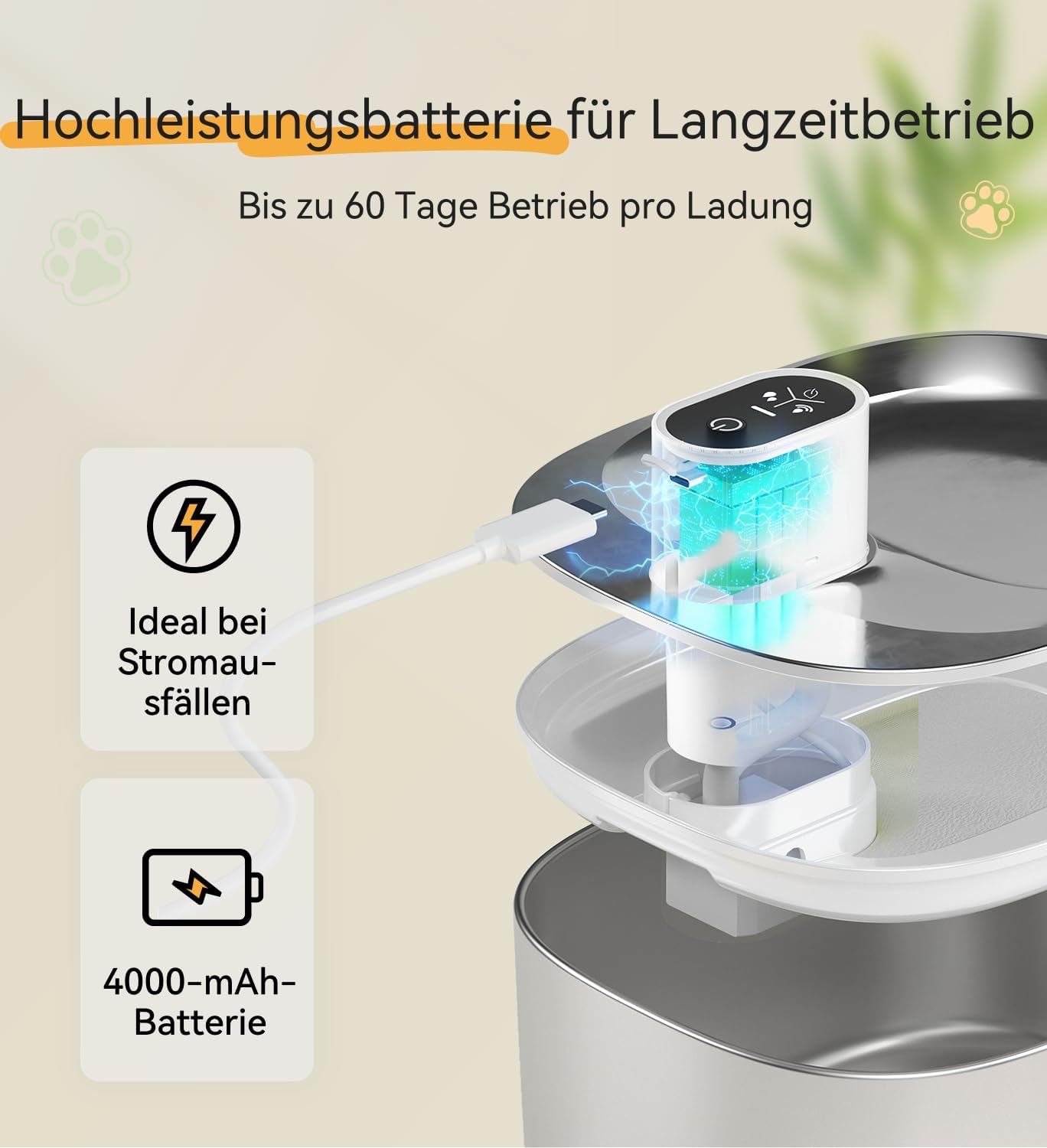 Detalle 2 de WILKIEE Katzenbrunnen Edelstahl 4,1 L Akku