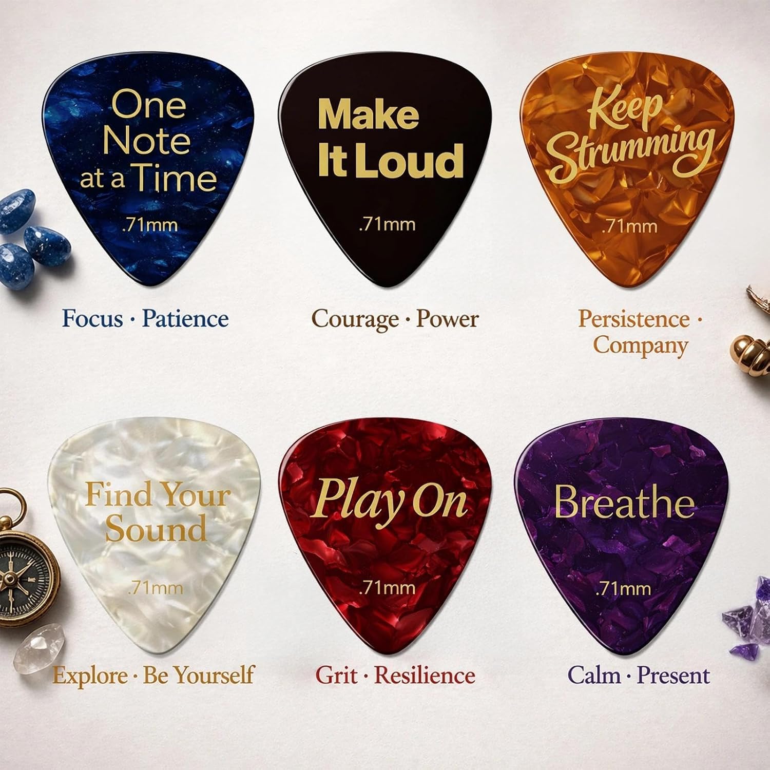 Detalle de Celluloid Guitar Picks Medium .71mm – 6 Mood Plectrums with Inspirational Messages