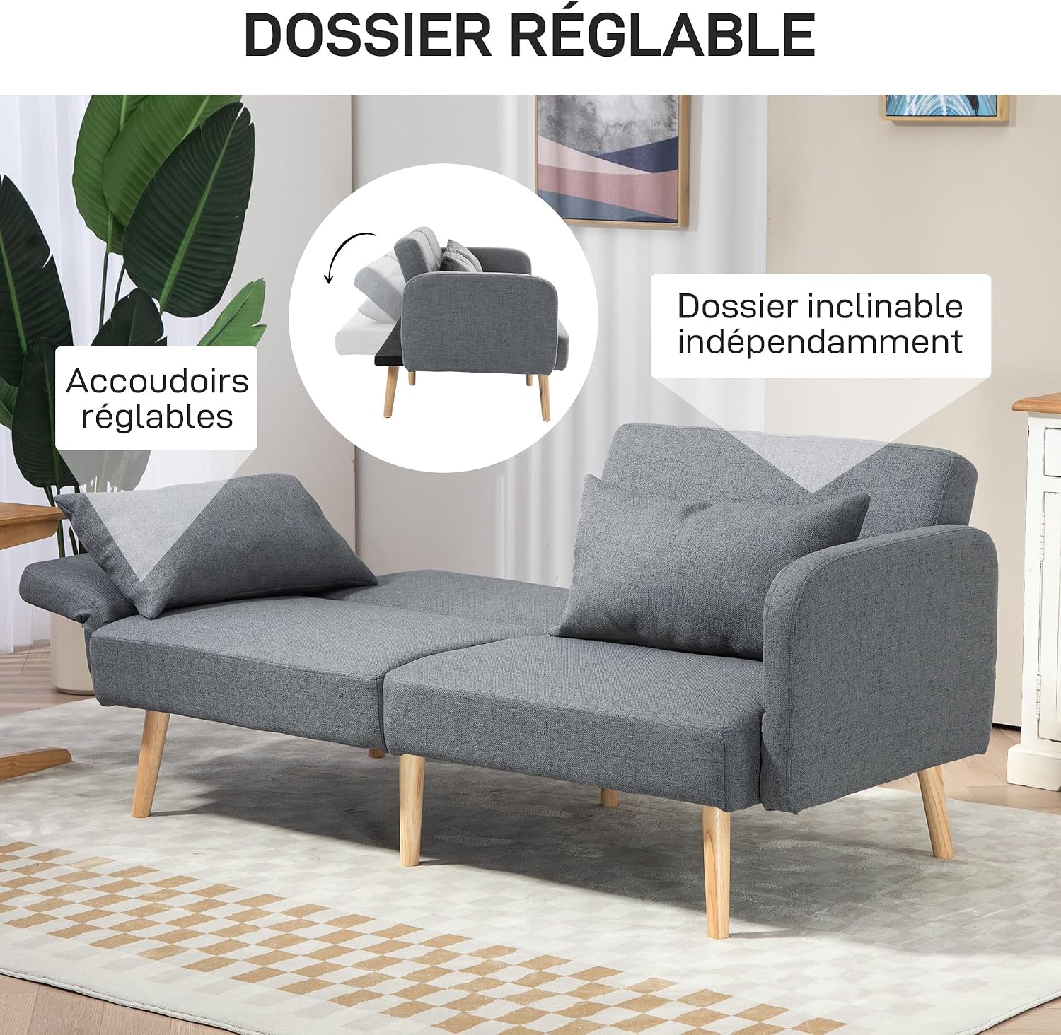 Thumbnail 5 de HOMCOM Canapé Convertible 3 Places Gris