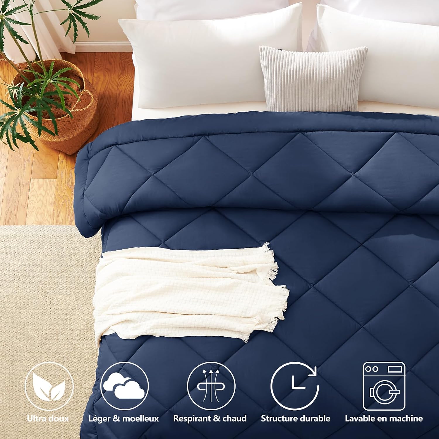 Detalle de CozyLux Couette 220x240 tempérée pour lit 2 personnes – 300 g/m², microfibre, 4 boucles d’angle, bleu marine