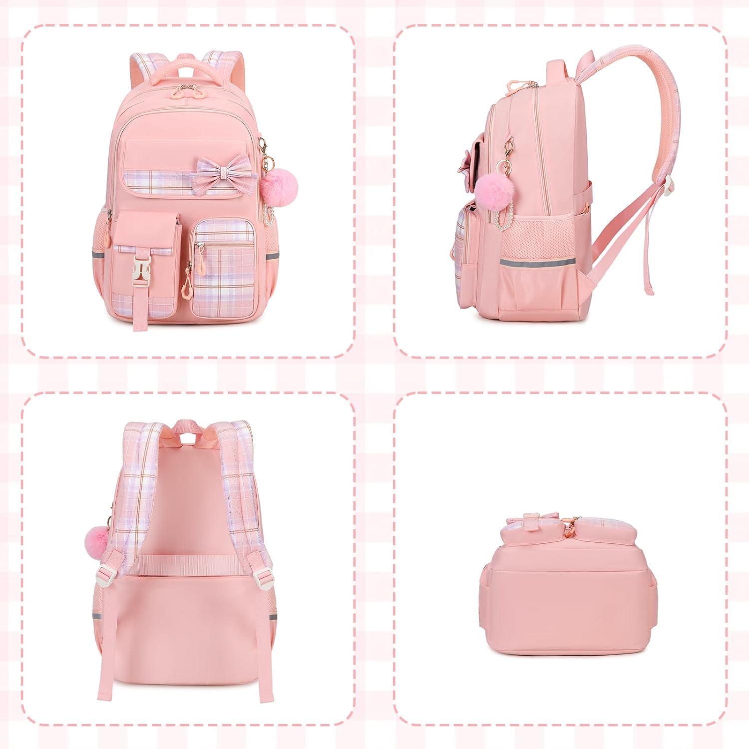 Detalle 2 de QIXIHU Girls Backpack: Plaid School Bag with Pencil Case for Young Students