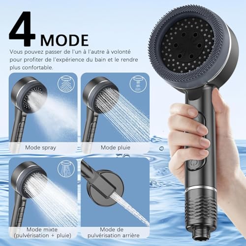 Thumbnail 2 de Pommeau de douche anti calcaire Arbudspro – Haute Pression avec 3 filtres, tuyau 1,5 m et support, Gris
