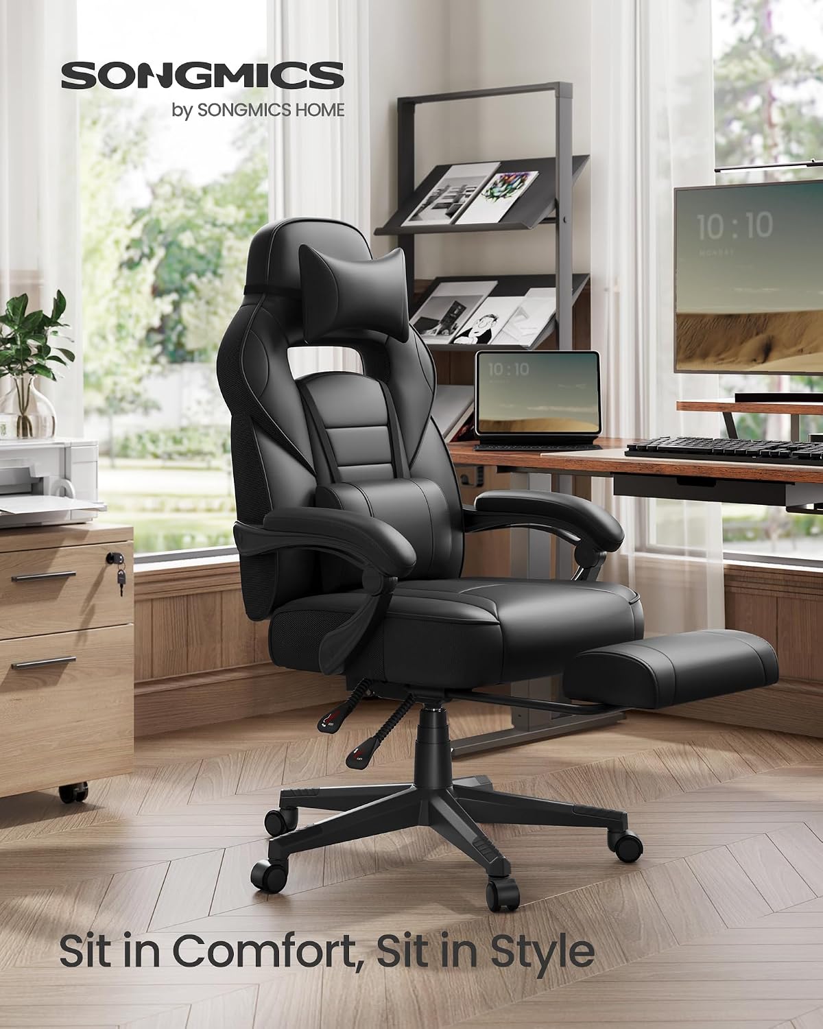 Detalle de SONGMICS Racing Gaming Chair OBG073BH09 with headrest, lumbar support and footrest