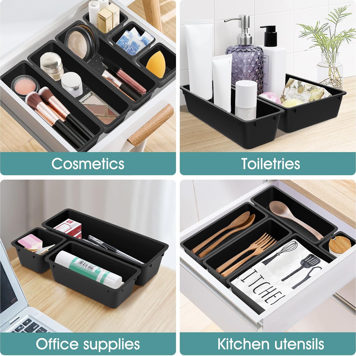 Detalle de WOWBOX 25-Piece Plastic Drawer Organizer Set, Deep Black, Stackable Bins