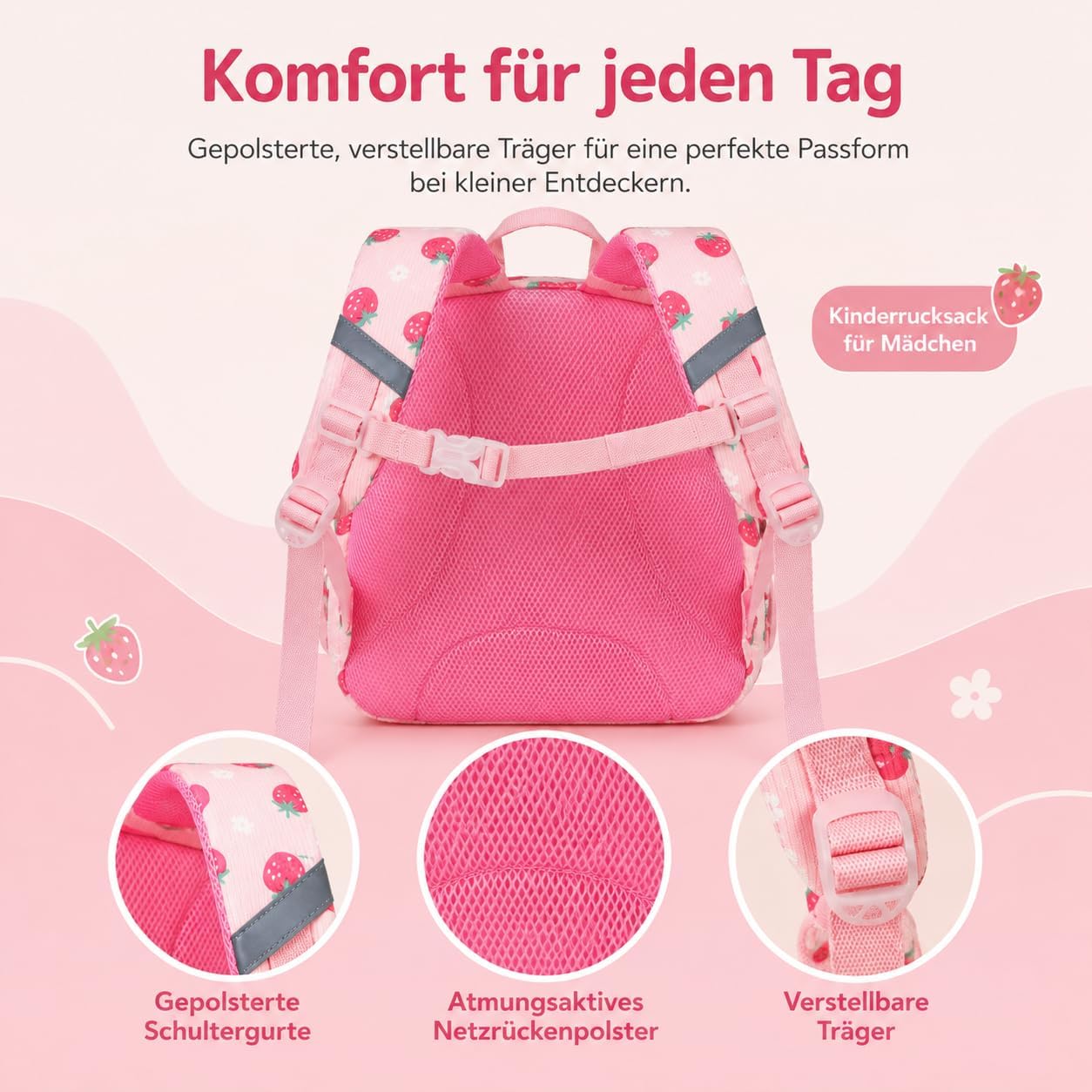 Detalle de LOIDOU Kleinkind-Rucksack Mädchen 12 Zoll – Rosa Erdbeeren & Blumen, 8 L, isolierte Fronttasche