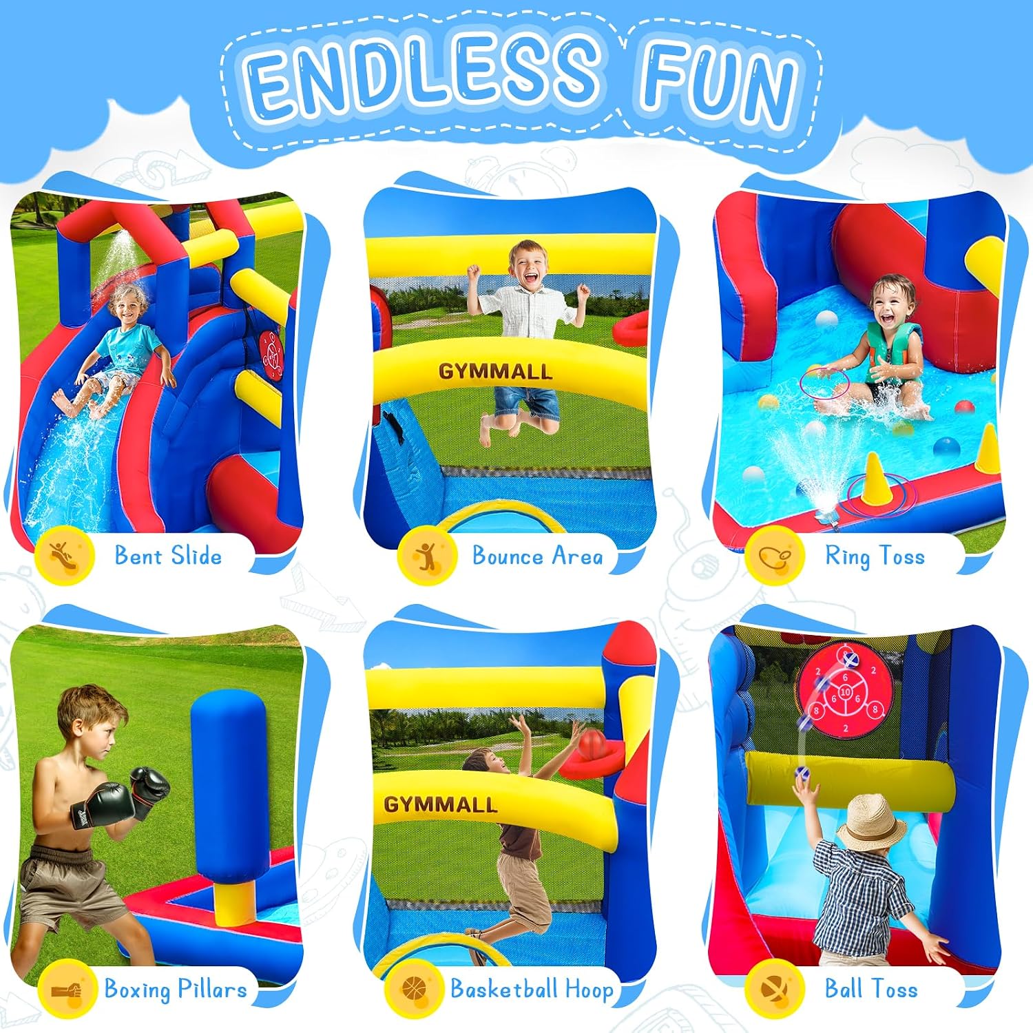 Detalle 2 de GYMMALL 9-in-1 Bounce House with Slide, Climbing Wall and Water Fun for Kids