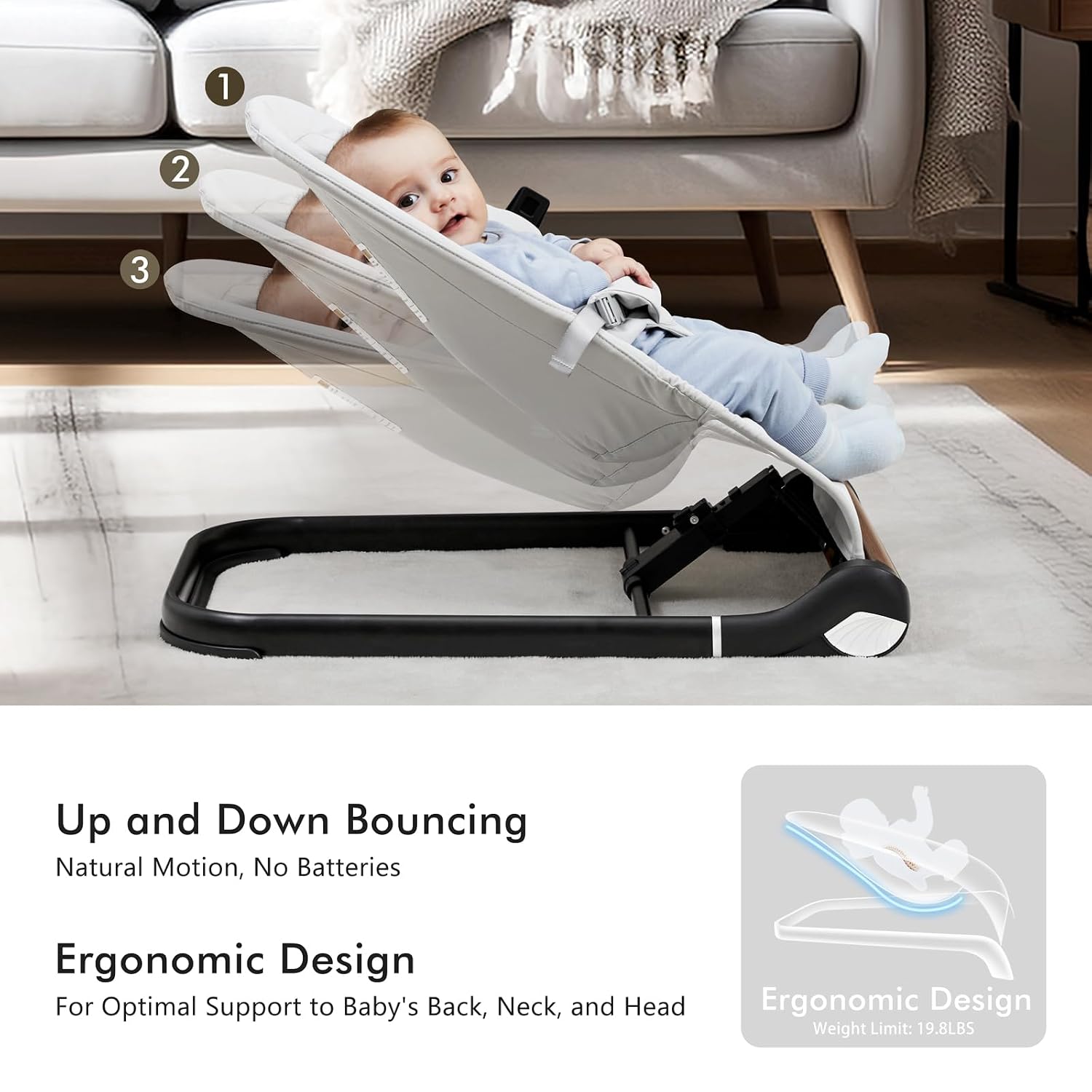 Detalle de TotRun Baby Bouncer Chair, Light Grey with Adjustable Recline and Harness