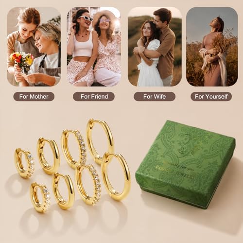 Thumbnail 6 de ATTILA 4 Pairs 14K Gold Plated Hoop Earrings for Women – 8/8/10/12 mm, 925 Silver Posts