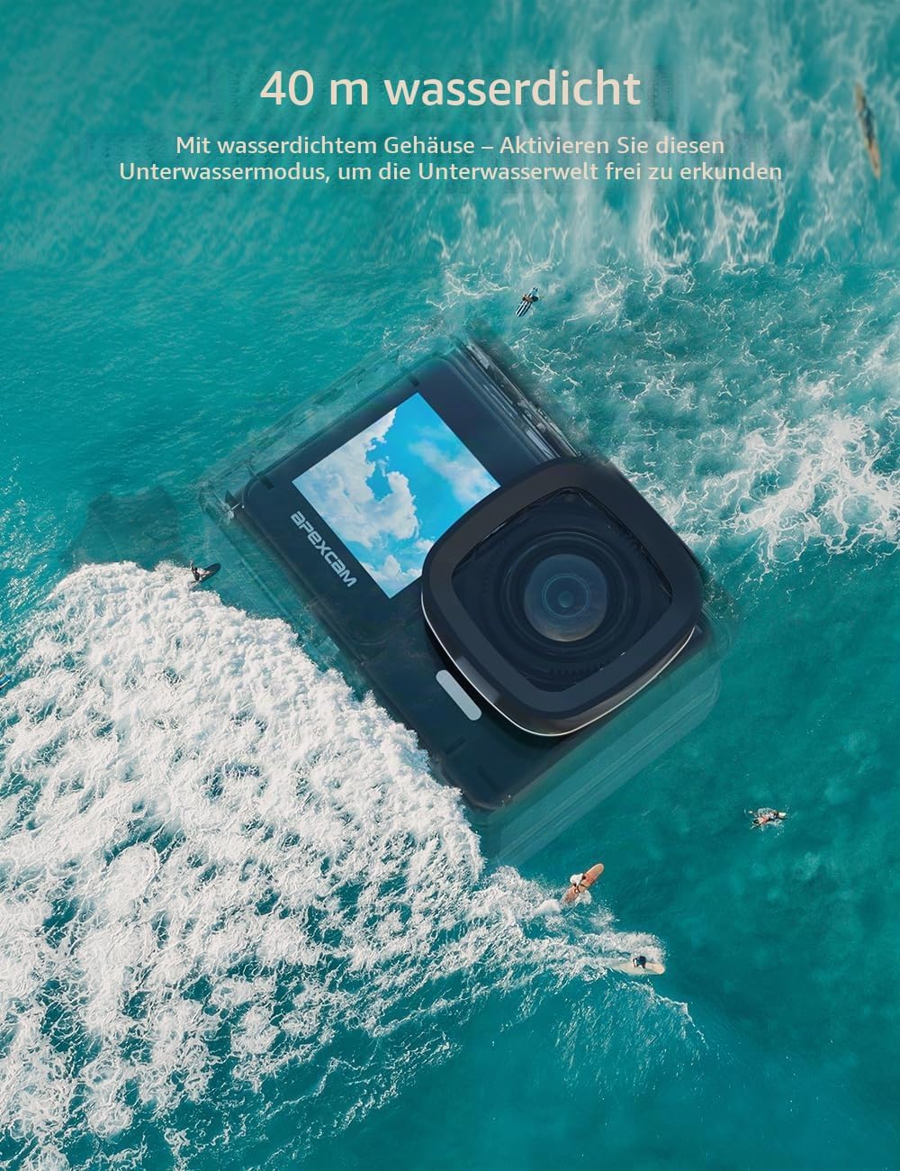 Detalle de Apexcam 4K 30FPS Action Cam Dualscreen mit 40 m Unterwasser, EIS, WiFi Fernbedienung und 2×1350 mAh Akku – Komplettset