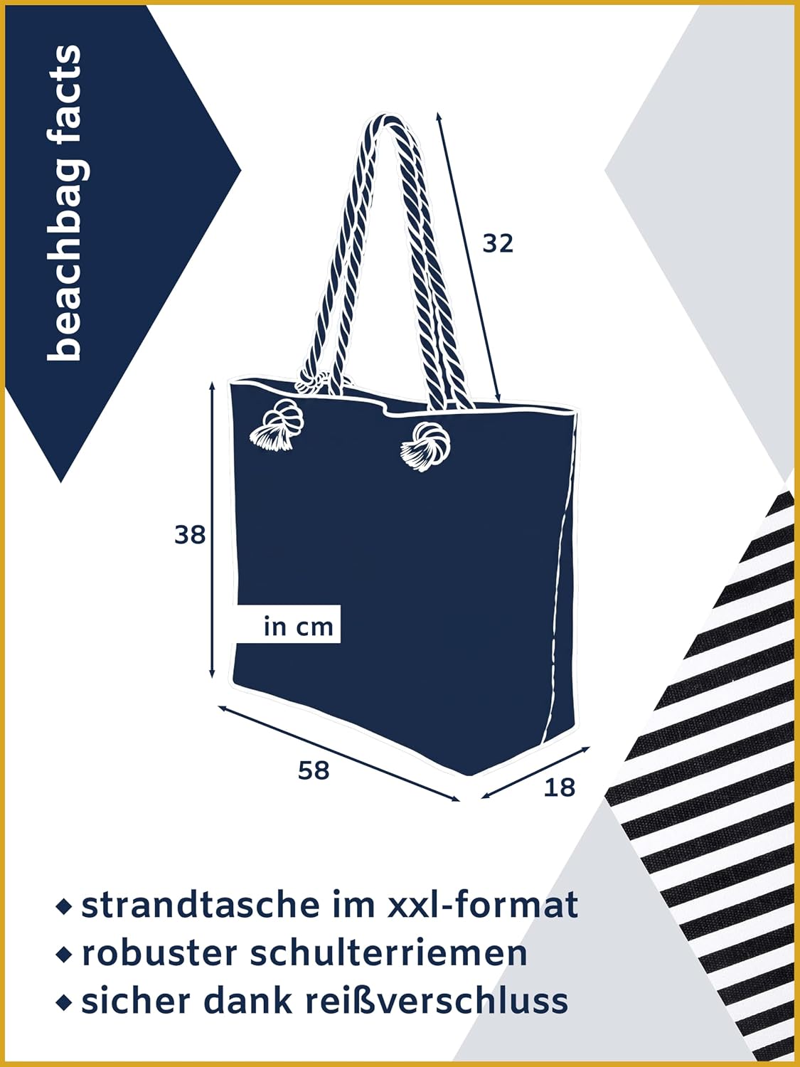 Thumbnail 2 de MASADA Badetasche XXL Familie Strandtasche Damen Beach Bag groß mit Reißverschluss – Small black stripes