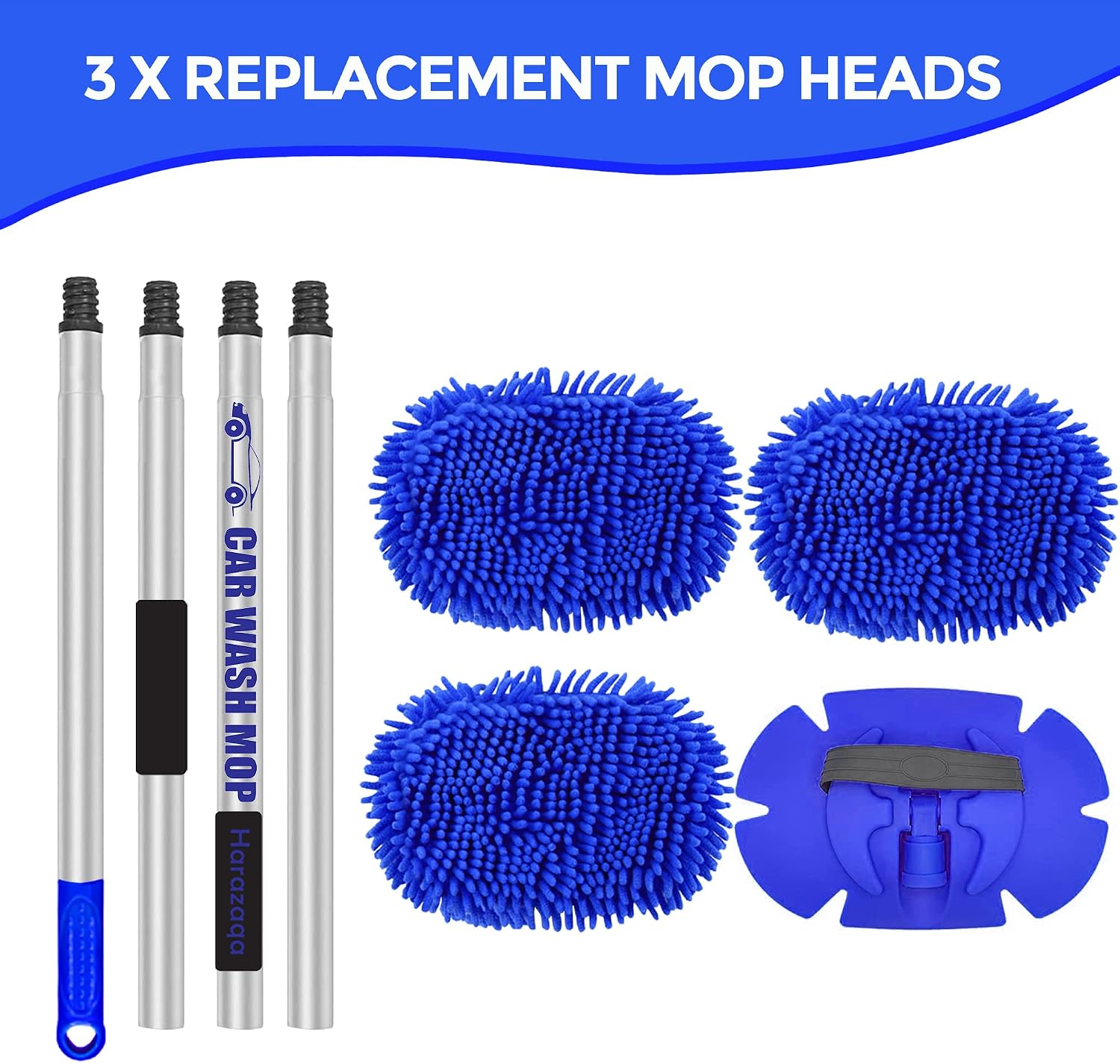 Detalle de 160cm (63") Car Wash Brush with Microfibre Heads – Extendable Long Handle Cleaning Mop Mitt (with 3 Replacement Heads)