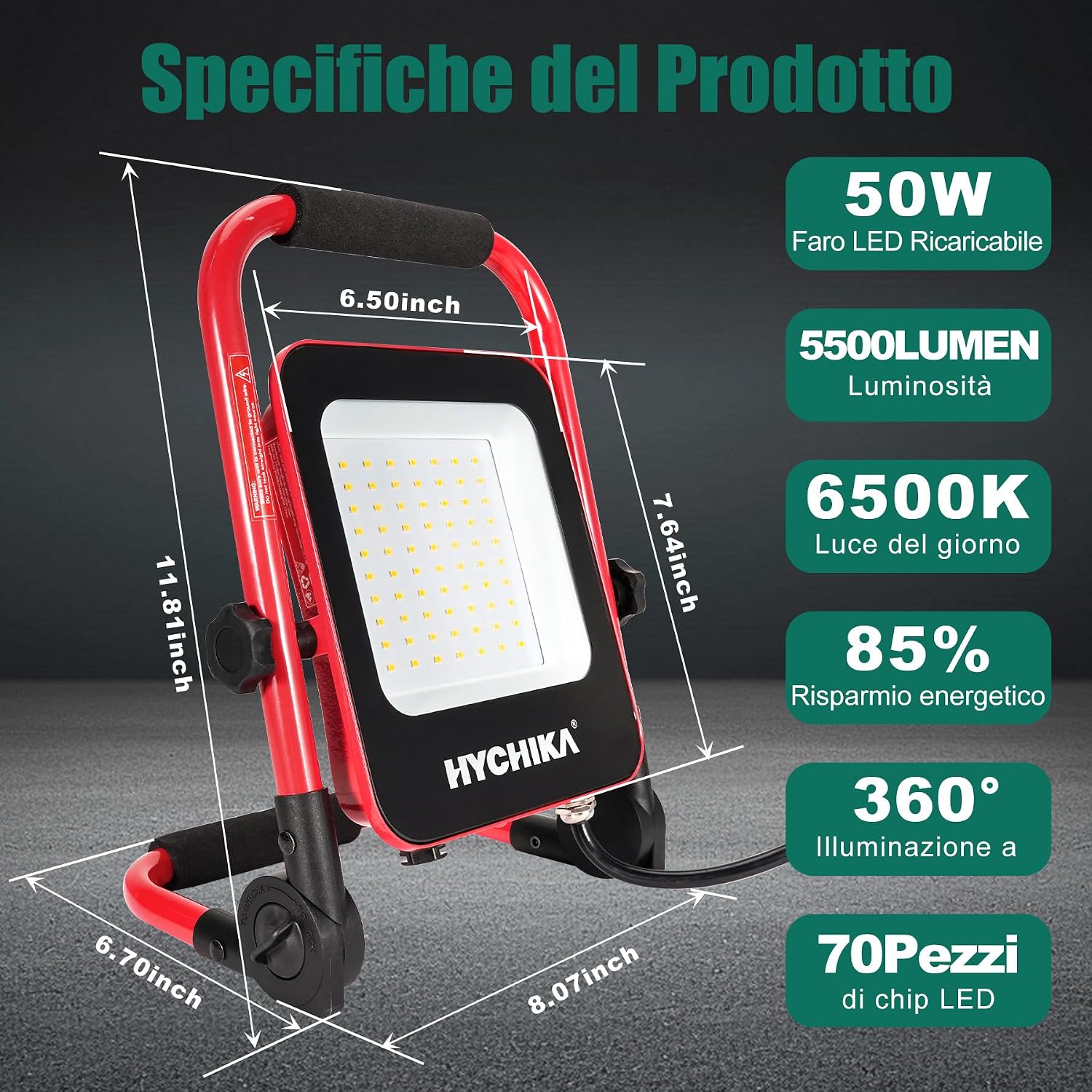 Detalle 2 de HYCHIKA Faretto da cantiere 50W, 5.500 lm IP65 🛠