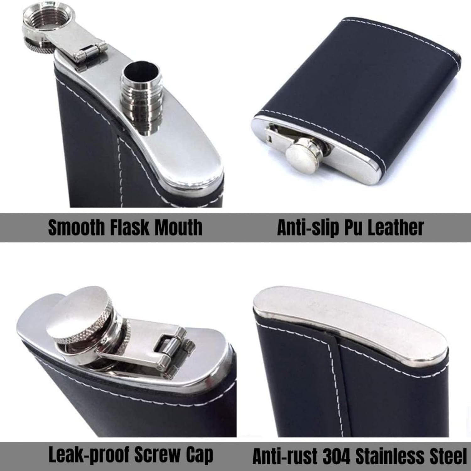 Detalle de Hip Flask Set with Funnel and Shot Glasses, 8 oz Stainless Steel & PU Leather, Leak-Proof Whiskey Flask