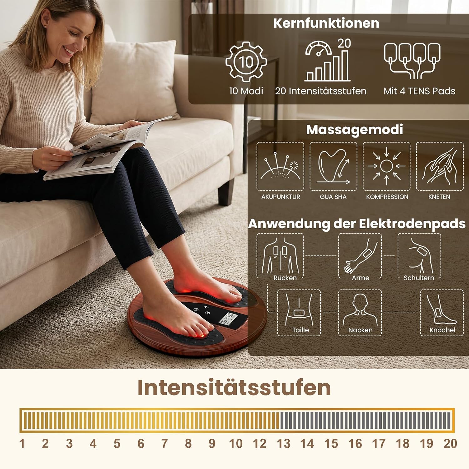 Detalle de Medic Durchblutungs-Stimulator Füße Beine – EMS Fußmassagegerät mit Rotlicht (660 nm + 850 nm) und 4 TENS-Pads